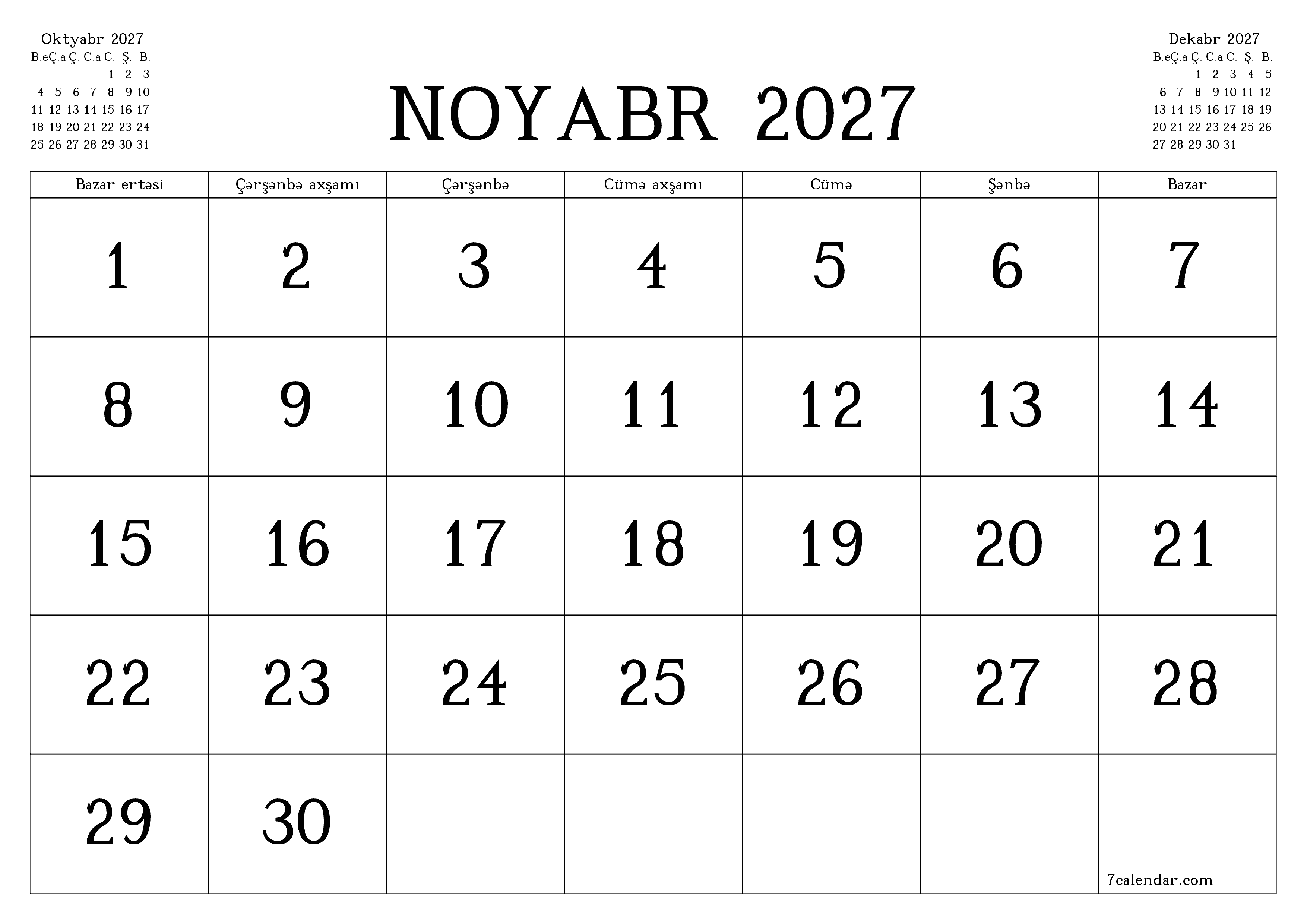 Noyabr 2027 ayı üçün qeydlər ilə boş aylıq planlayıcı, qeyd edin və PDF-ə yazdırın PNG Azerbaijani