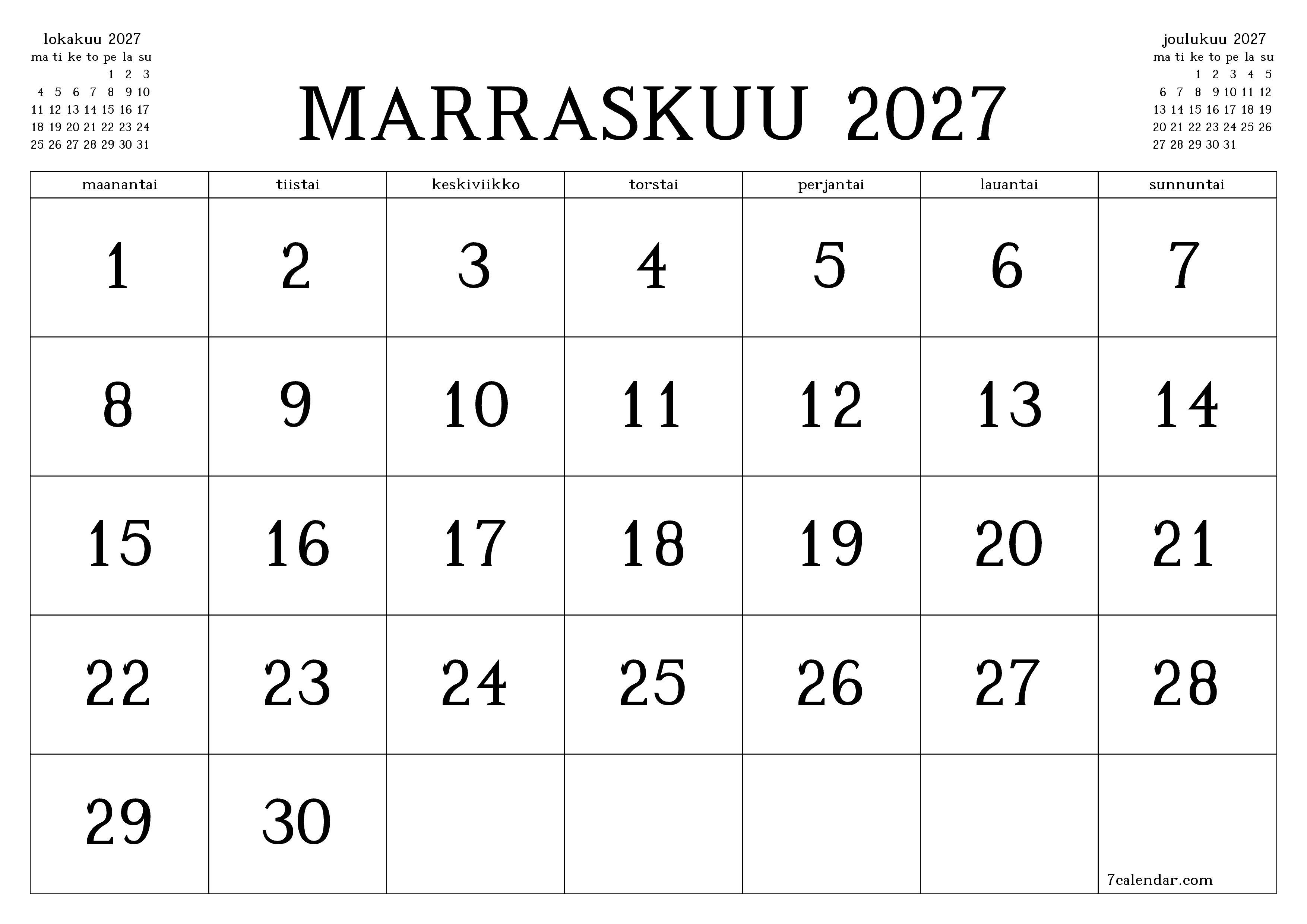 Tyhjennä kuukausittainen suunnittelija kuukaudelle Marraskuu 2027 muistiinpanoilla, tallenna ja tulosta PDF-muotoon PNG Finnish