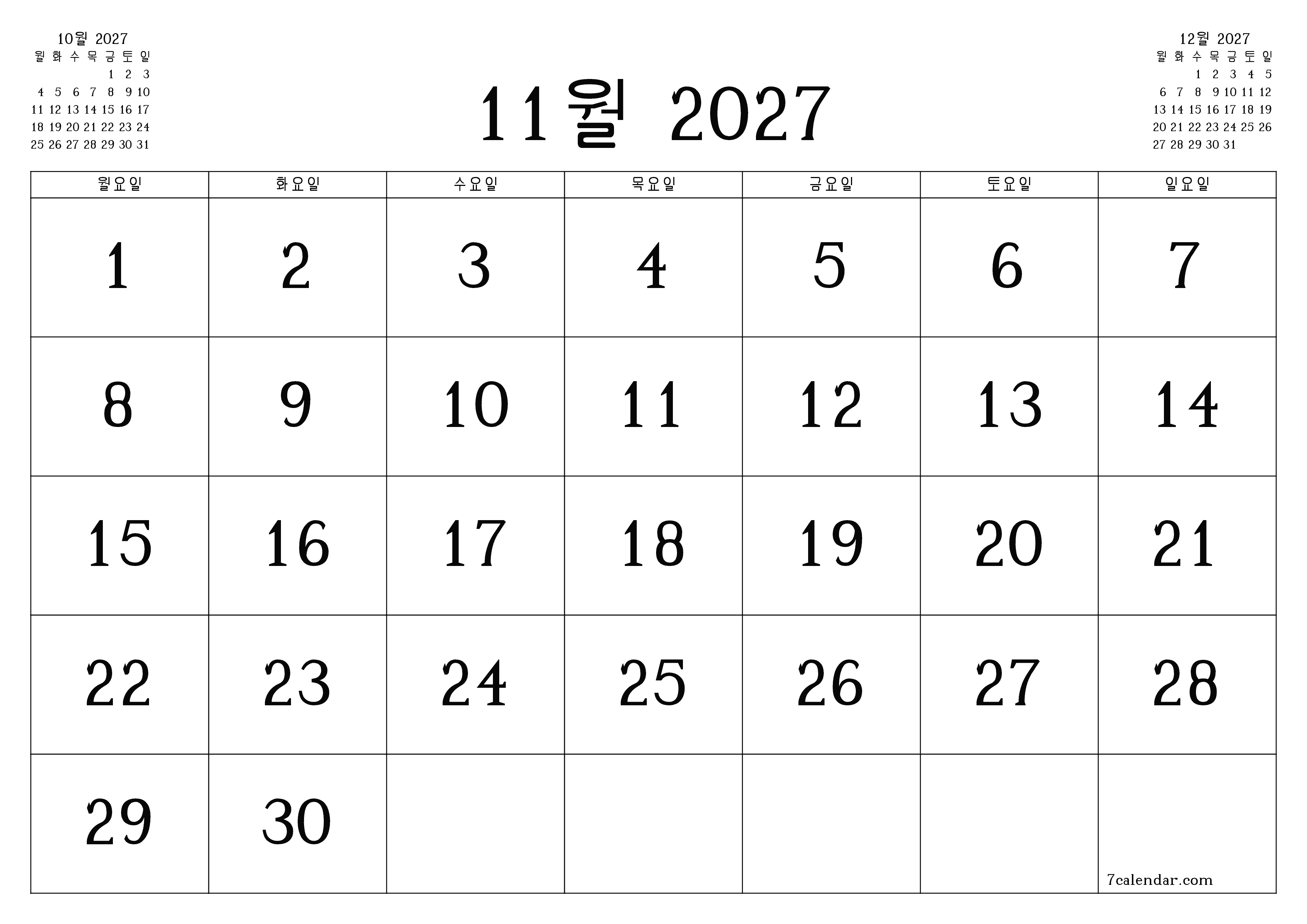 메모가있는 11월 2027 월의 월간 플래너 비우기, PDF PNG Korean-7calendar.com으로 저장 및 인쇄