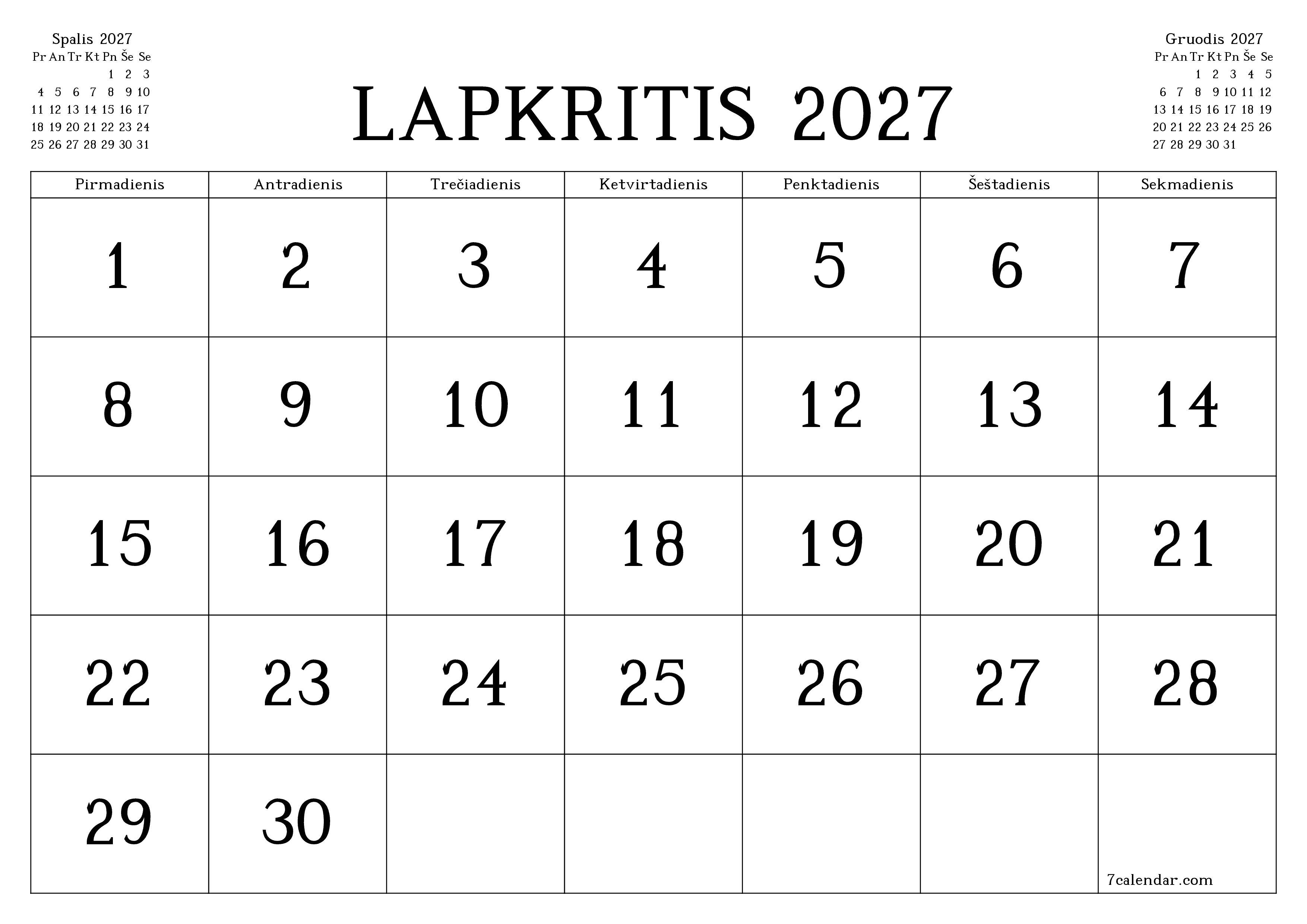 Ištuštinti mėnesio Lapkritis 2027 mėnesio planavimo priemonę su užrašais, išsaugoti ir atsispausdinti PDF formate PNG Lithuanian