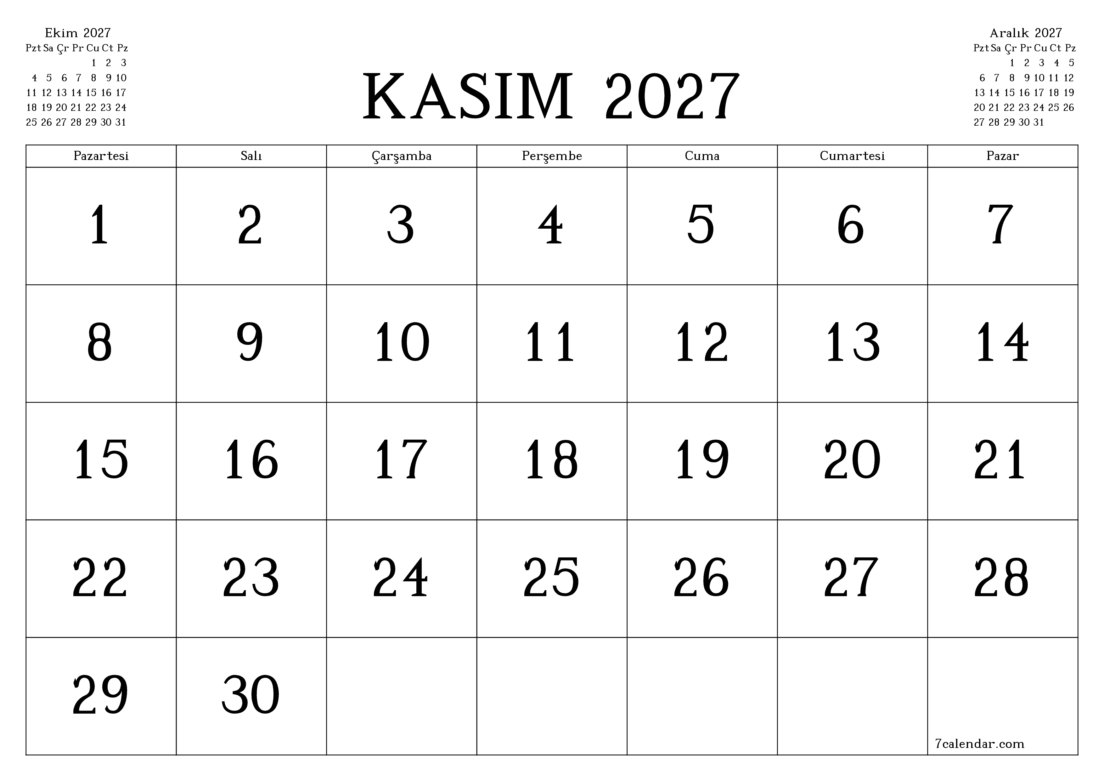 Kasım 2027 ayı için notlarla birlikte boş aylık planlayıcı, kaydedin ve PDF'ye yazdırın PNG Turkish