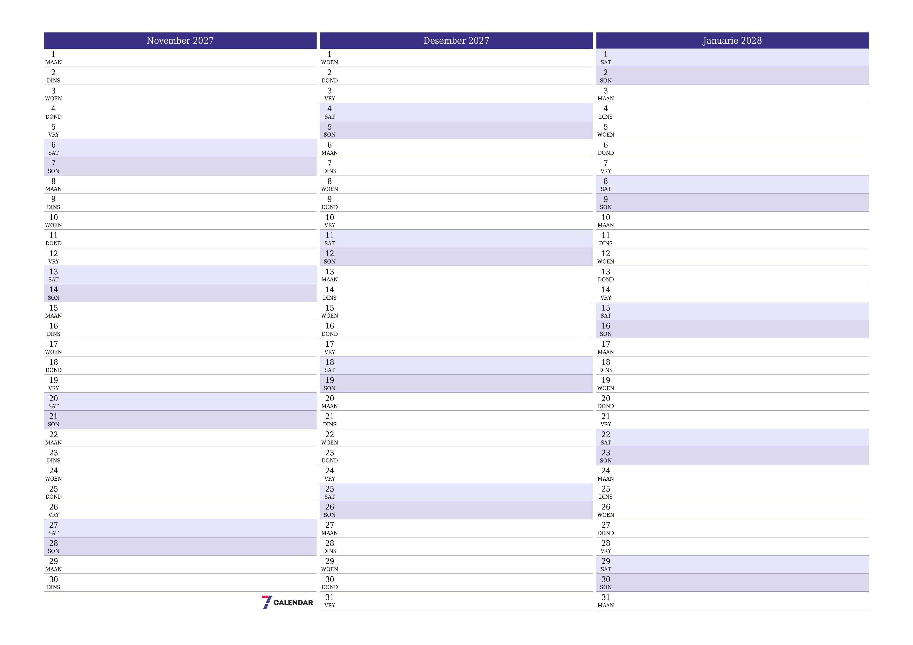 Leë maandelikse drukbare kalender en beplanner vir maand November 2027 met notas stoor en druk na PDF PNG Afrikaans