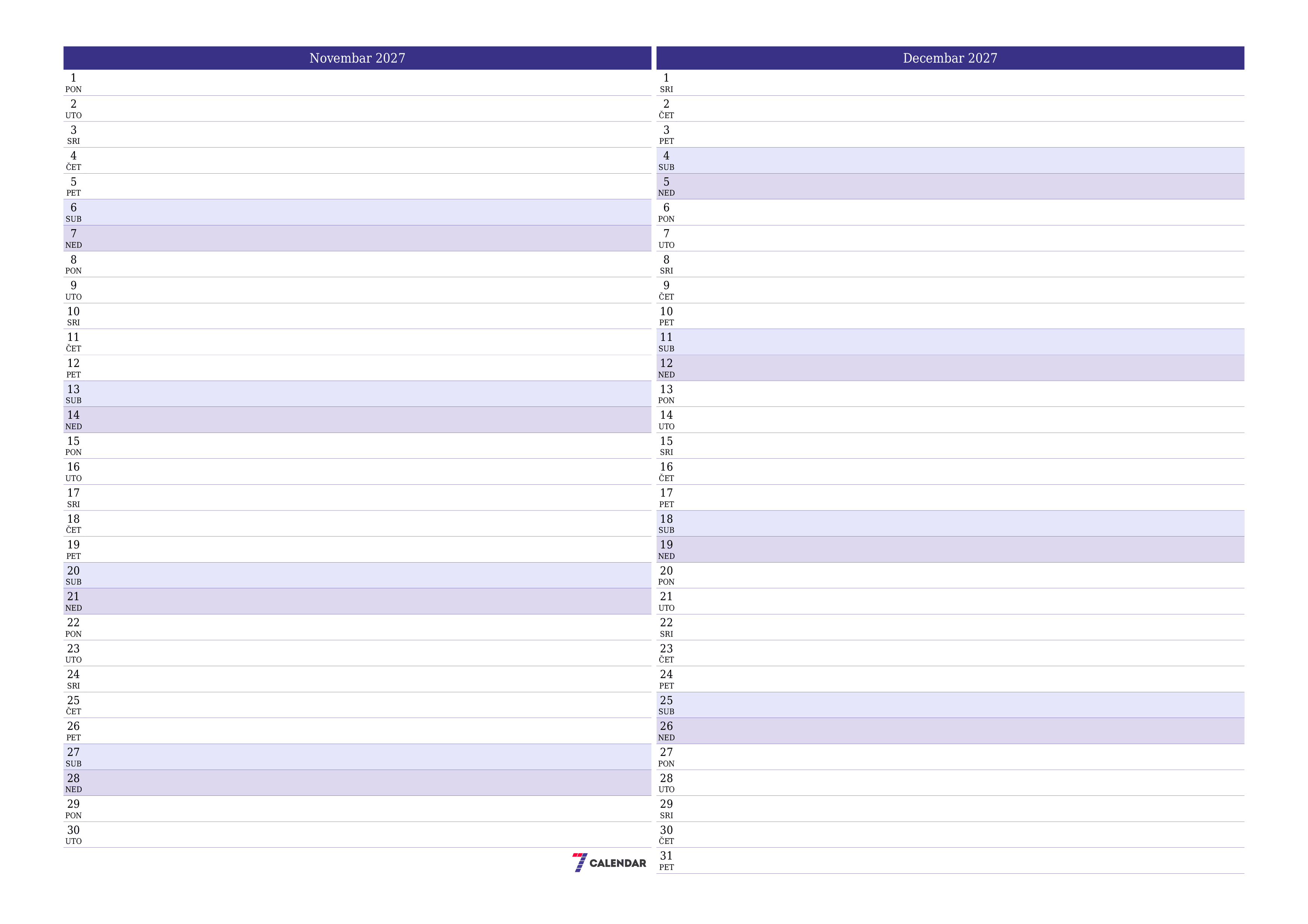 Ispraznite mjesečni planer za mjesec Novembar 2027 s bilješkama, spremite i ispišite u PDF PNG Bosnian