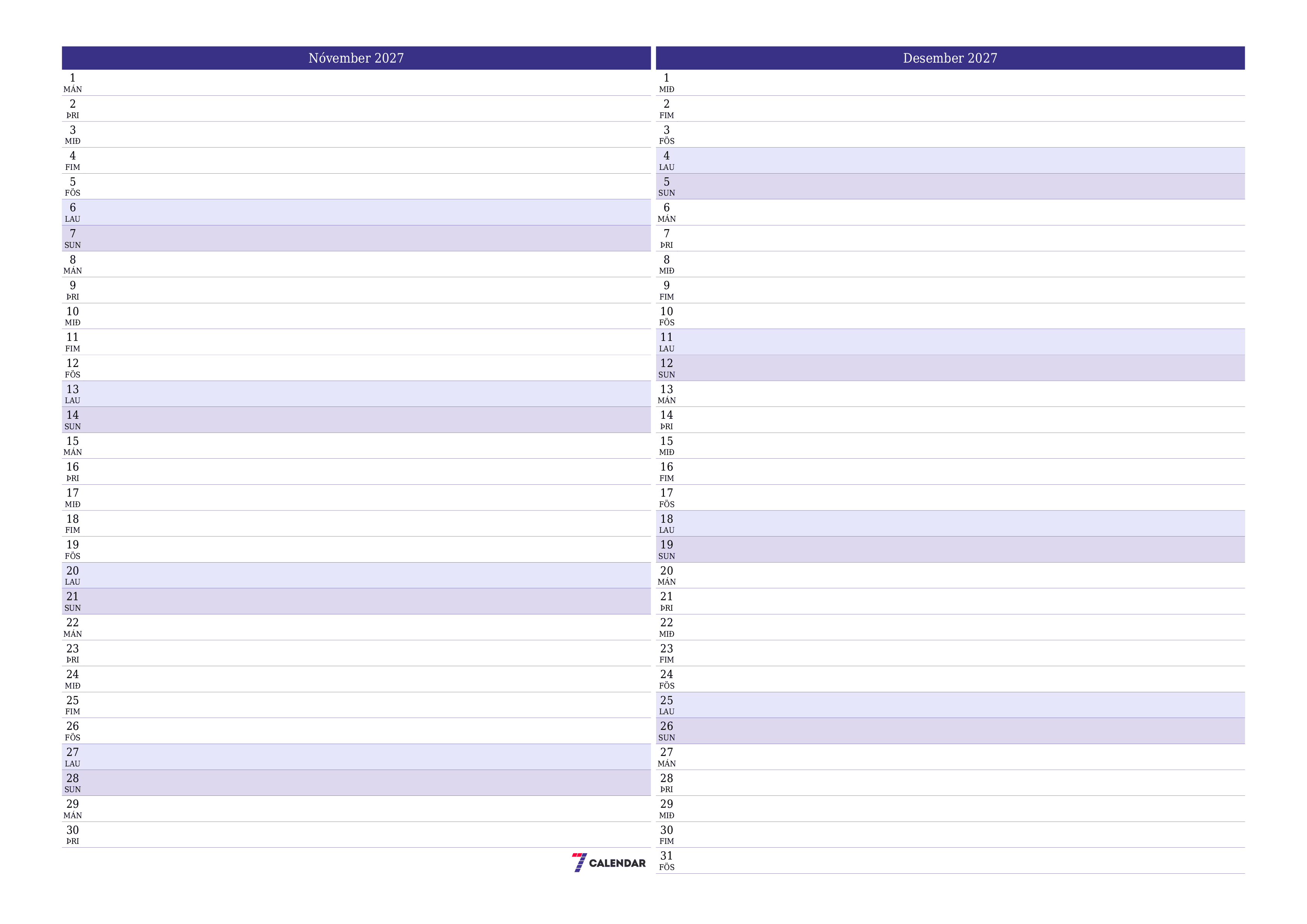 Tómur mánaðarlegur skipuleggjandi fyrir mánuðinn Nóvember 2027 með athugasemdum, vista og prenta á PDF PNG Icelandic