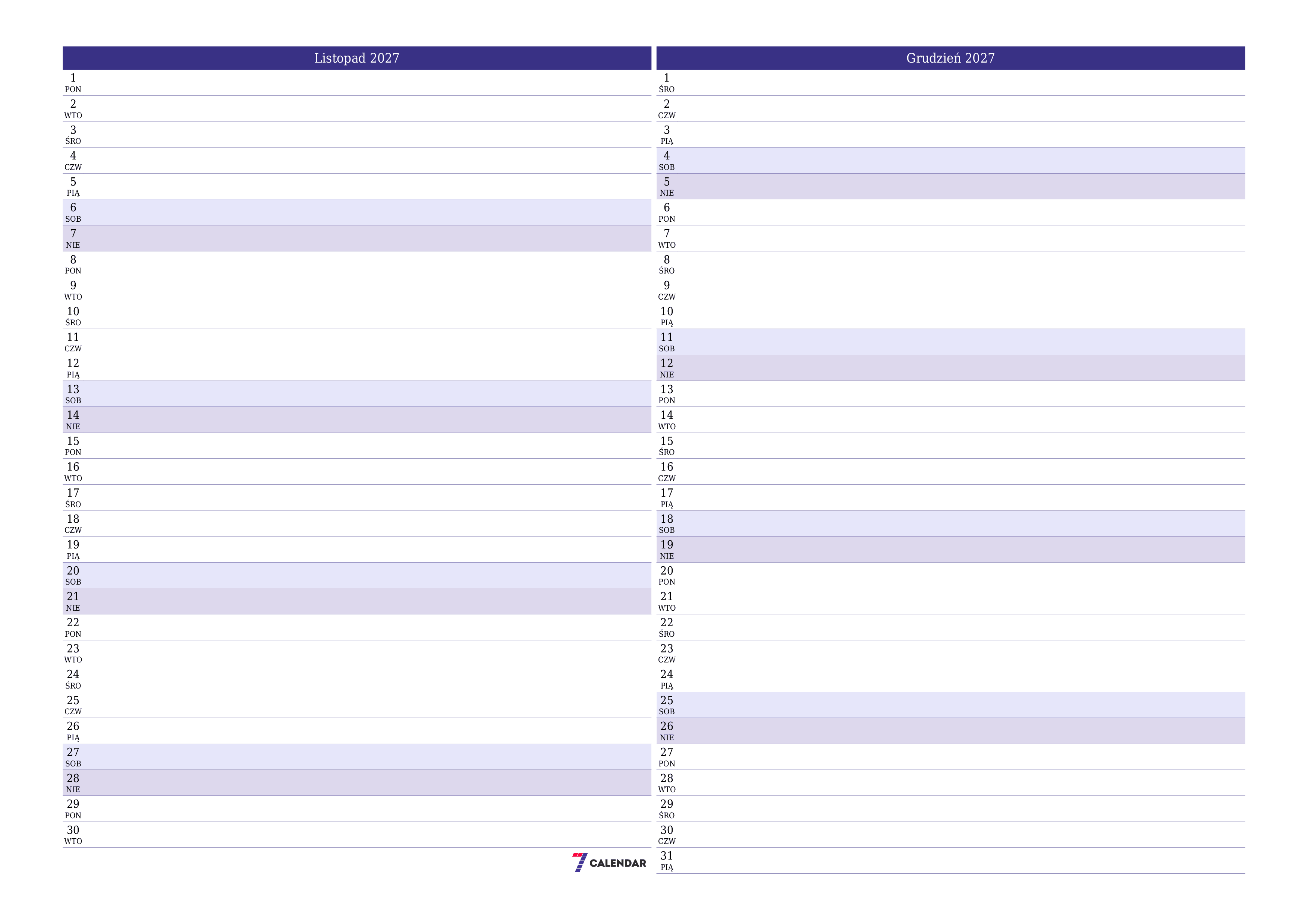 Opróżnij miesięczny planer na miesiąc Listopad 2027 z notatkami, zapisz i wydrukuj w formacie PDF PNG Polish