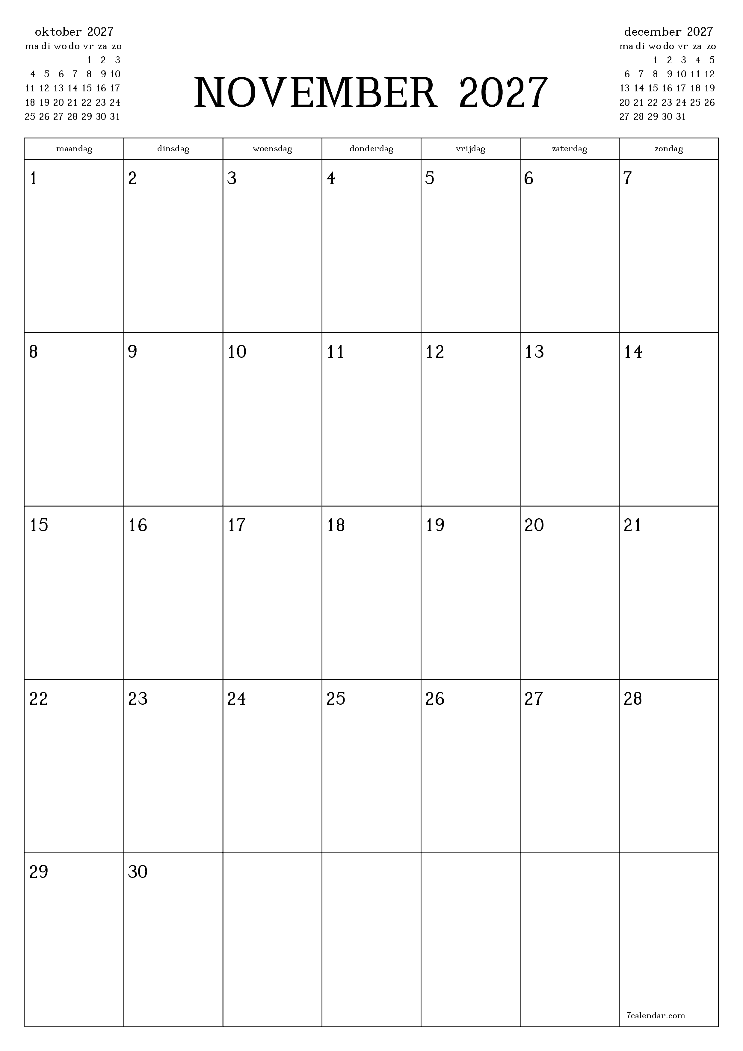 Lege maandplanner voor maand november 2027 met notities, opslaan en afdrukken naar pdf PNG Dutch