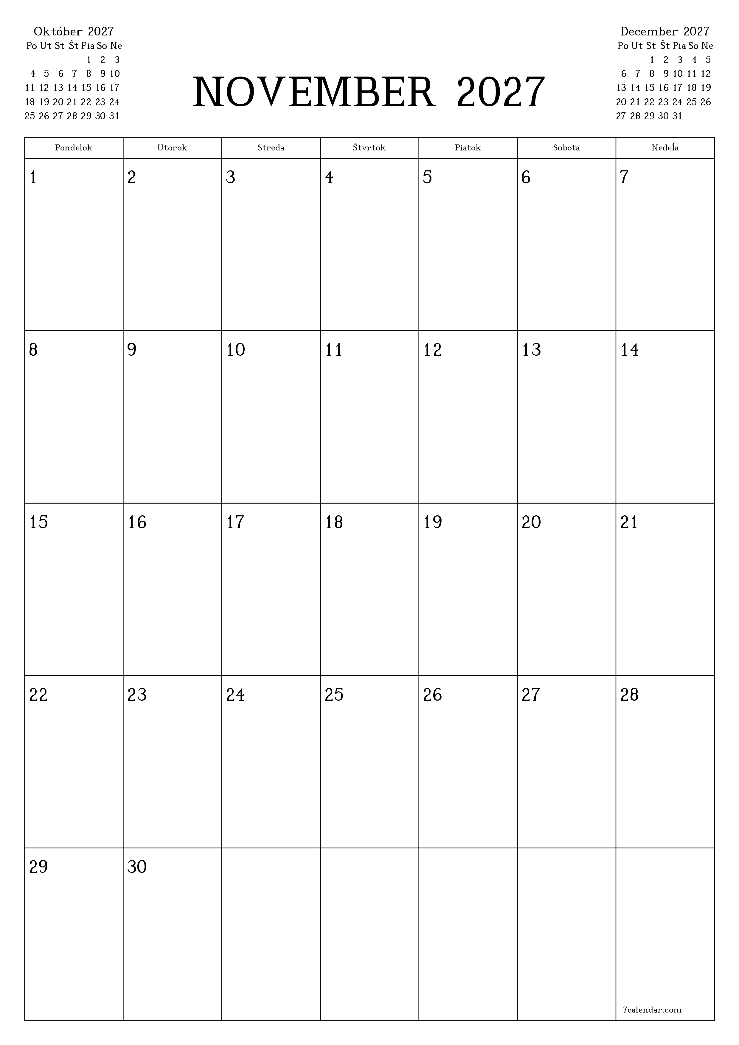 Prázdny mesačný plánovač na mesiac November 2027 s poznámkami, uloženie a tlač do PDF PNG Slovak