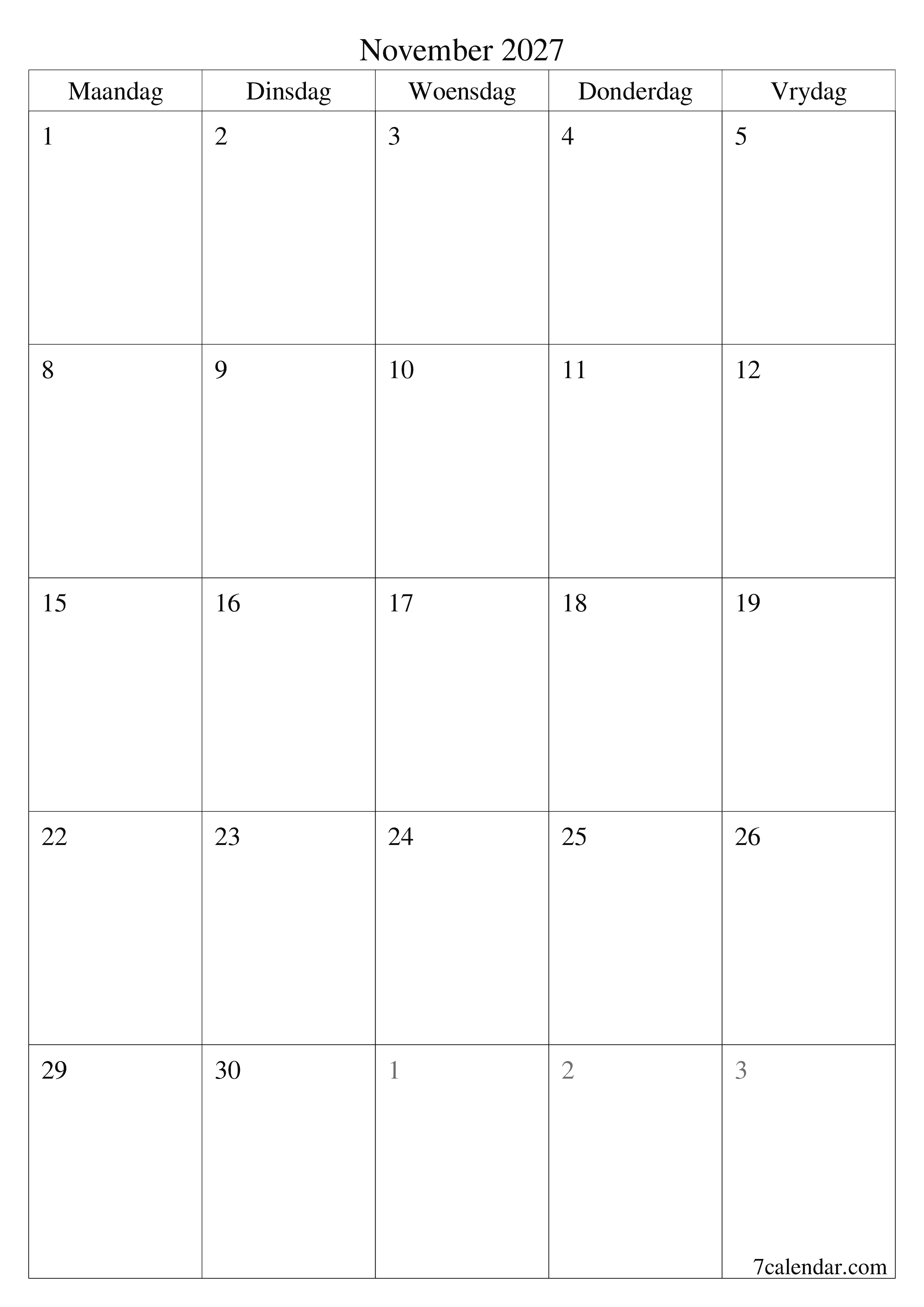 Leë maandelikse drukbare kalender en beplanner vir maand November 2027 met notas stoor en druk na PDF PNG Afrikaans