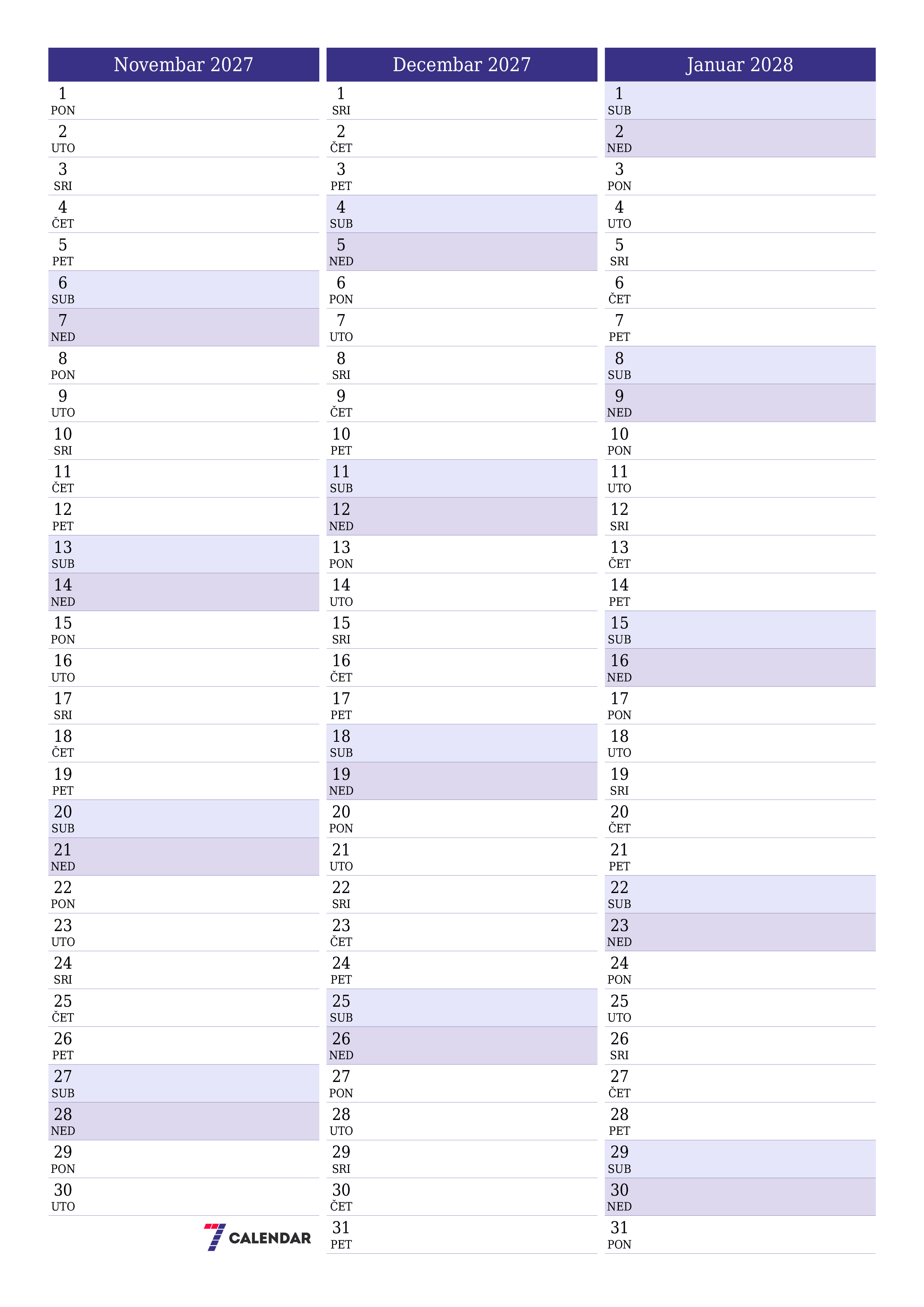 Ispraznite mjesečni planer za mjesec Novembar 2027 s bilješkama, spremite i ispišite u PDF PNG Bosnian