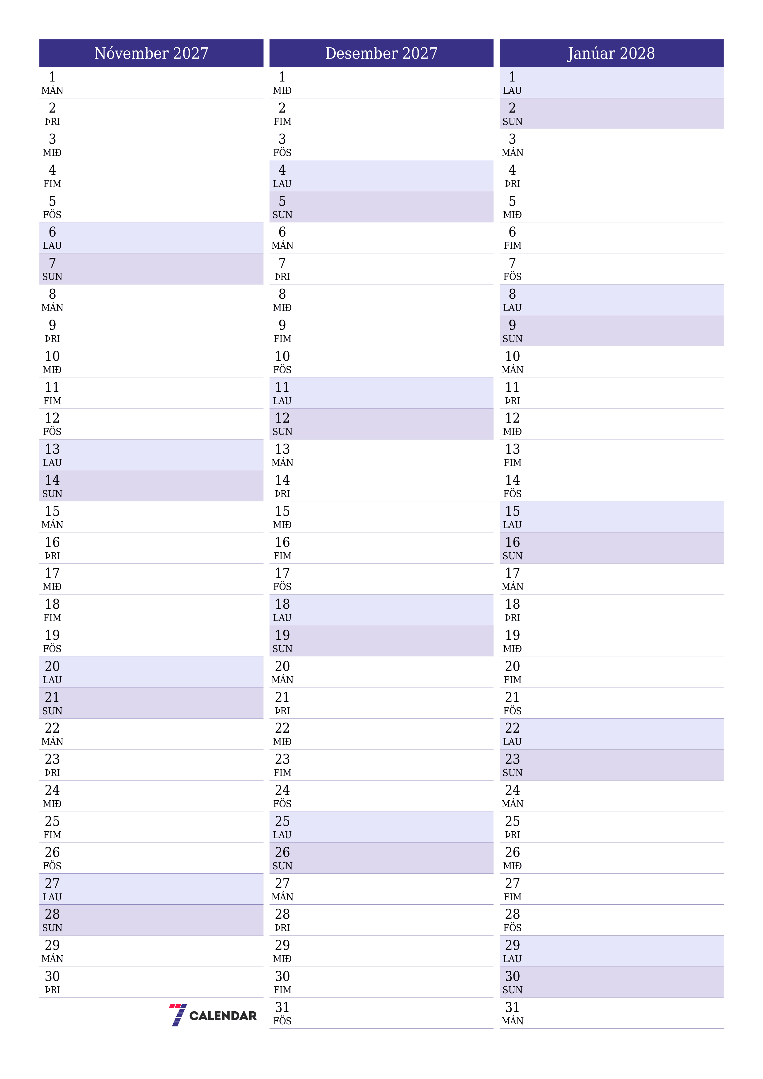 Tómur mánaðarlegur skipuleggjandi fyrir mánuðinn Nóvember 2027 með athugasemdum, vista og prenta á PDF PNG Icelandic