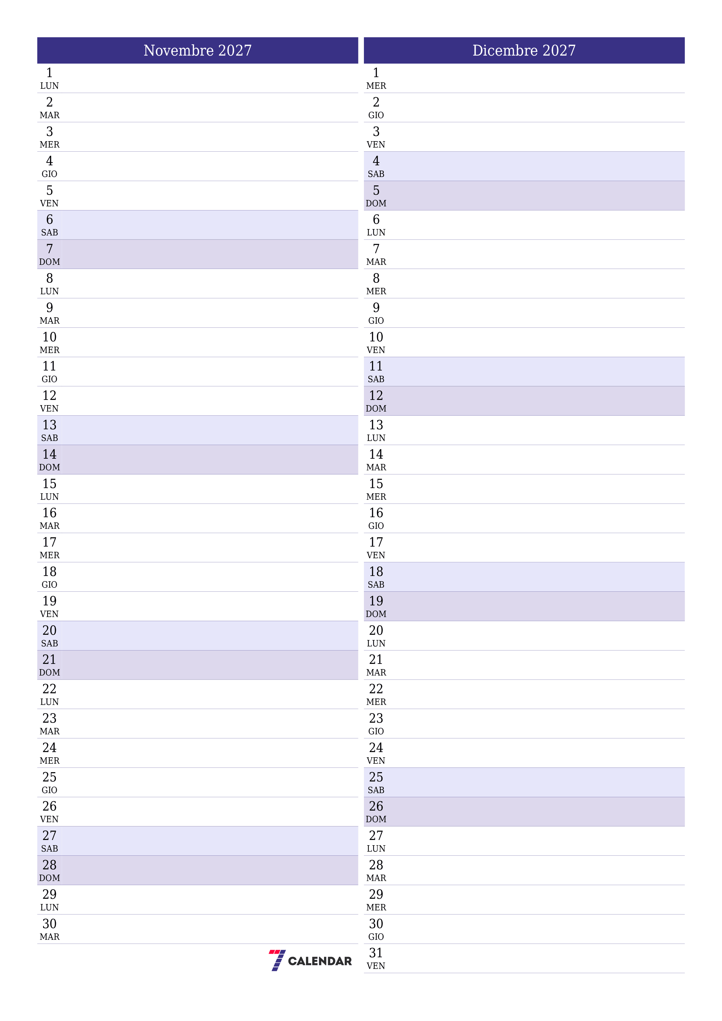 Pianificatore mensile vuoto per il mese Novembre 2027 con note, salva e stampa in PDF PNG Italian