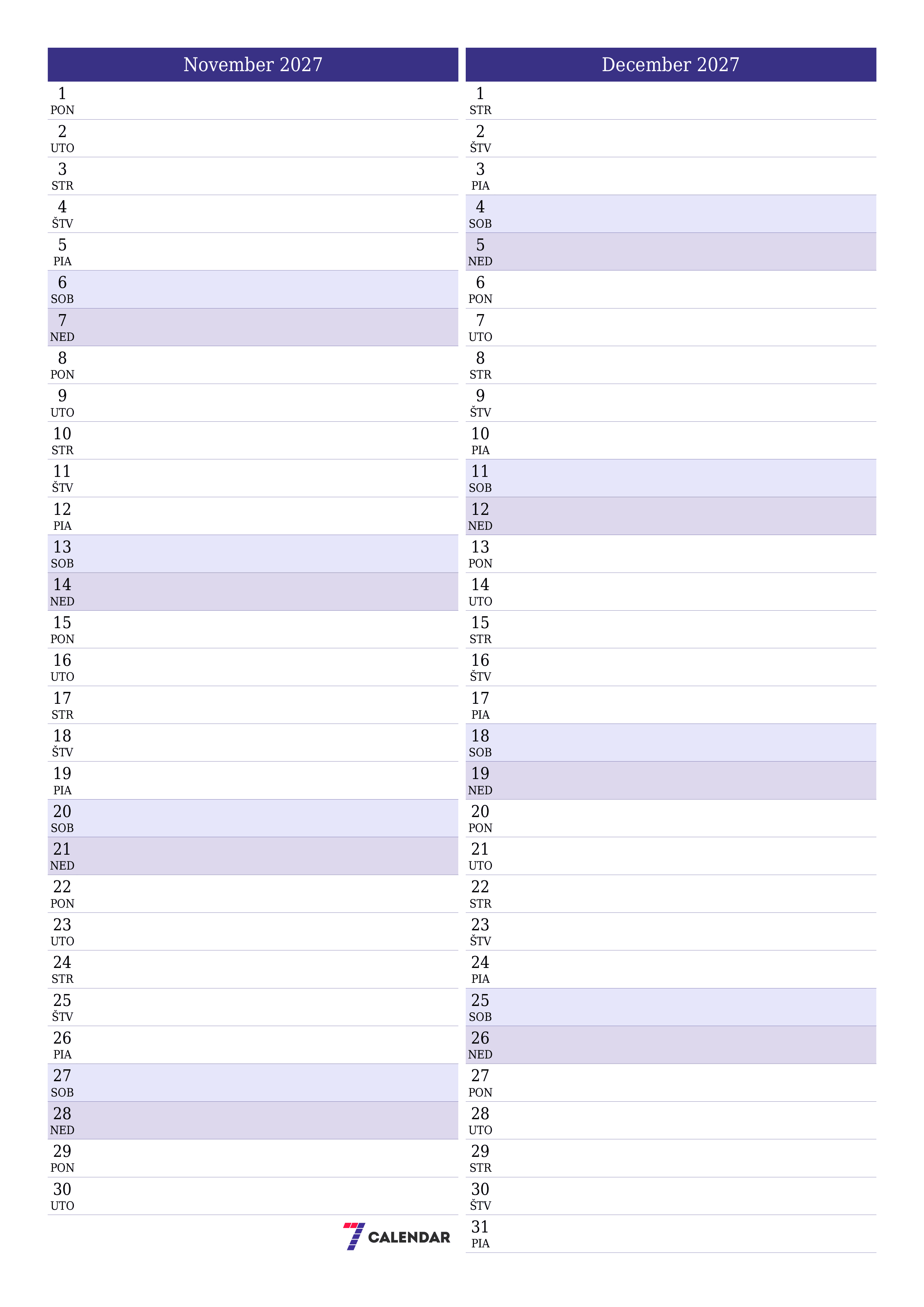 Prázdny mesačný plánovač na mesiac November 2027 s poznámkami, uloženie a tlač do PDF PNG Slovak