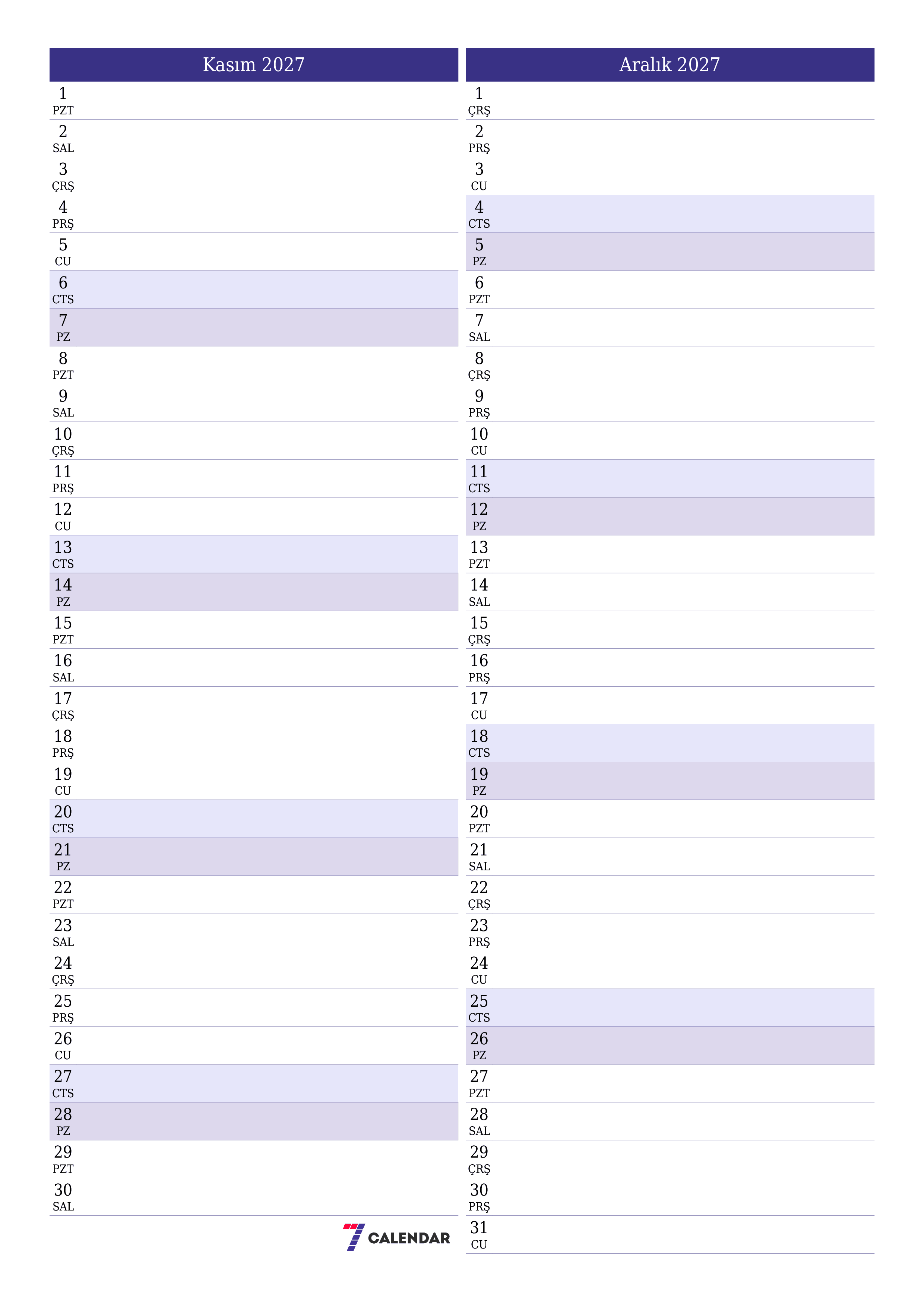 Kasım 2027 ayı için notlarla birlikte boş aylık planlayıcı, kaydedin ve PDF'ye yazdırın PNG Turkish