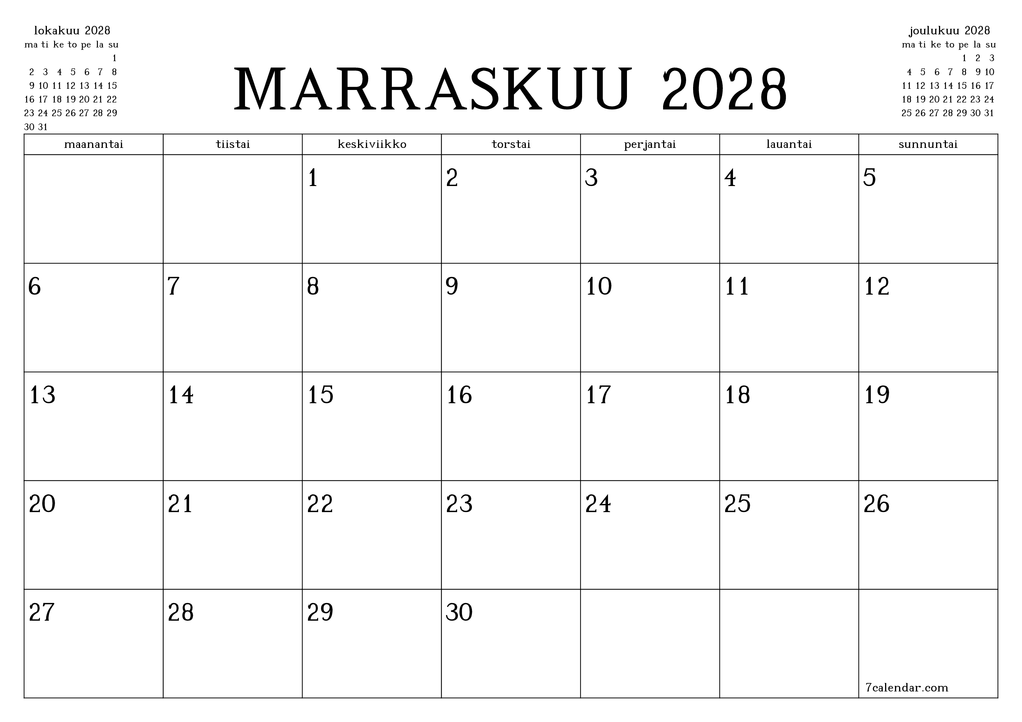Tyhjennä kuukausittainen suunnittelija kuukaudelle Marraskuu 2028 muistiinpanoilla, tallenna ja tulosta PDF-muotoon PNG Finnish