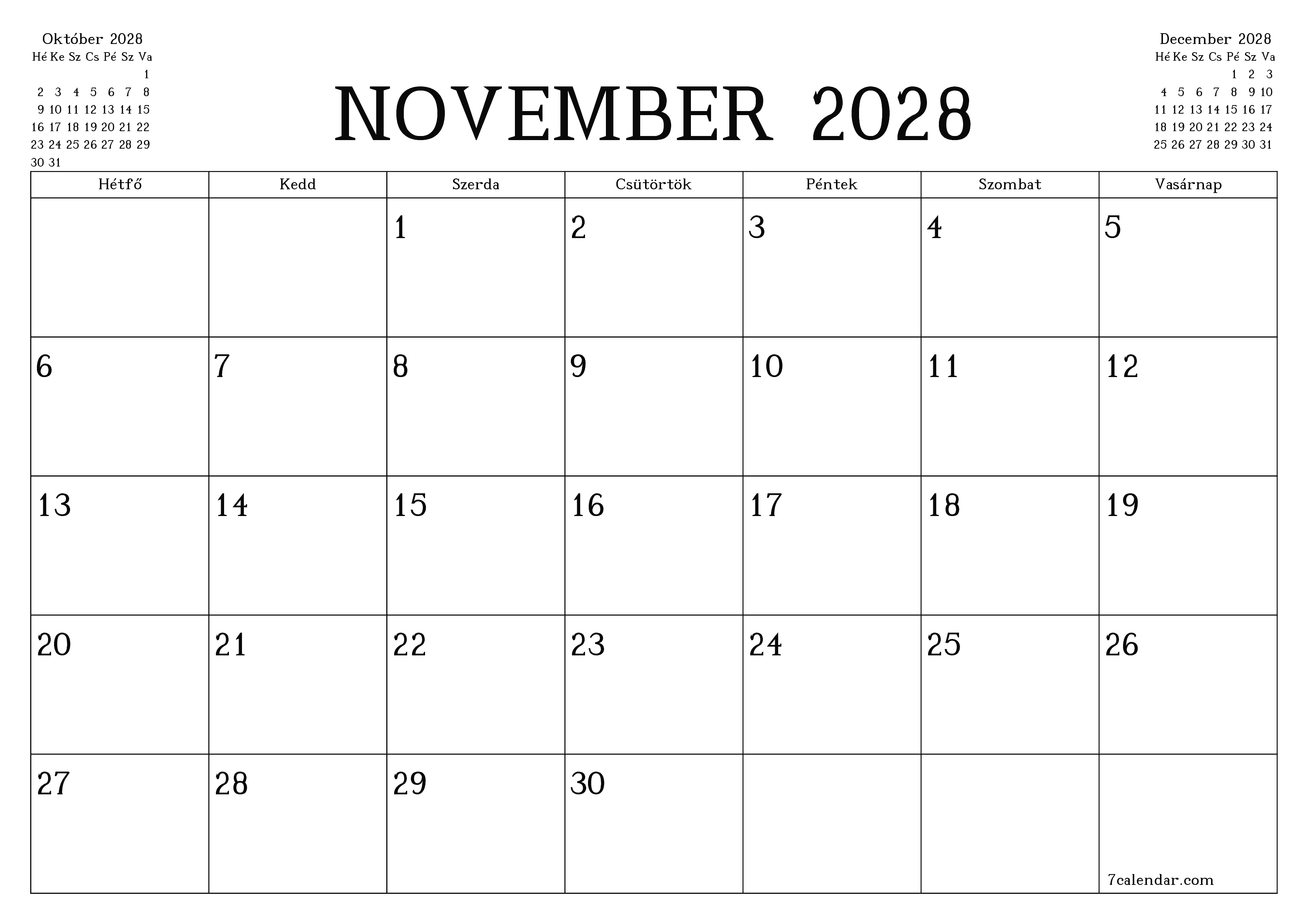 Üres havi tervező a November 2028 hónapra jegyzetekkel, mentés és nyomtatás PDF-be PNG Hungarian