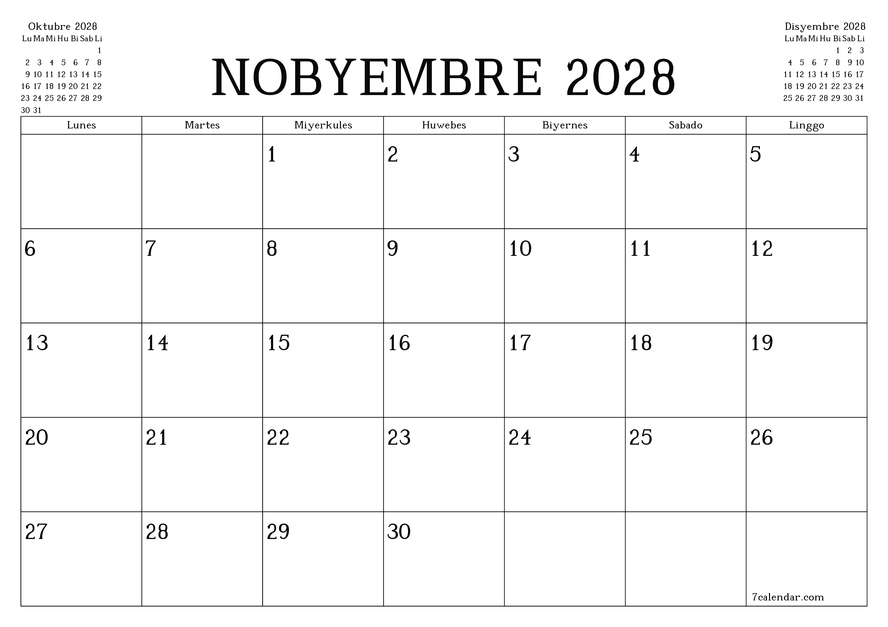 Walang laman na buwanang tagaplano para sa buwan na Nobyembre 2028 na may mga tala, i-save at i-print sa PDF PNG Filipino
