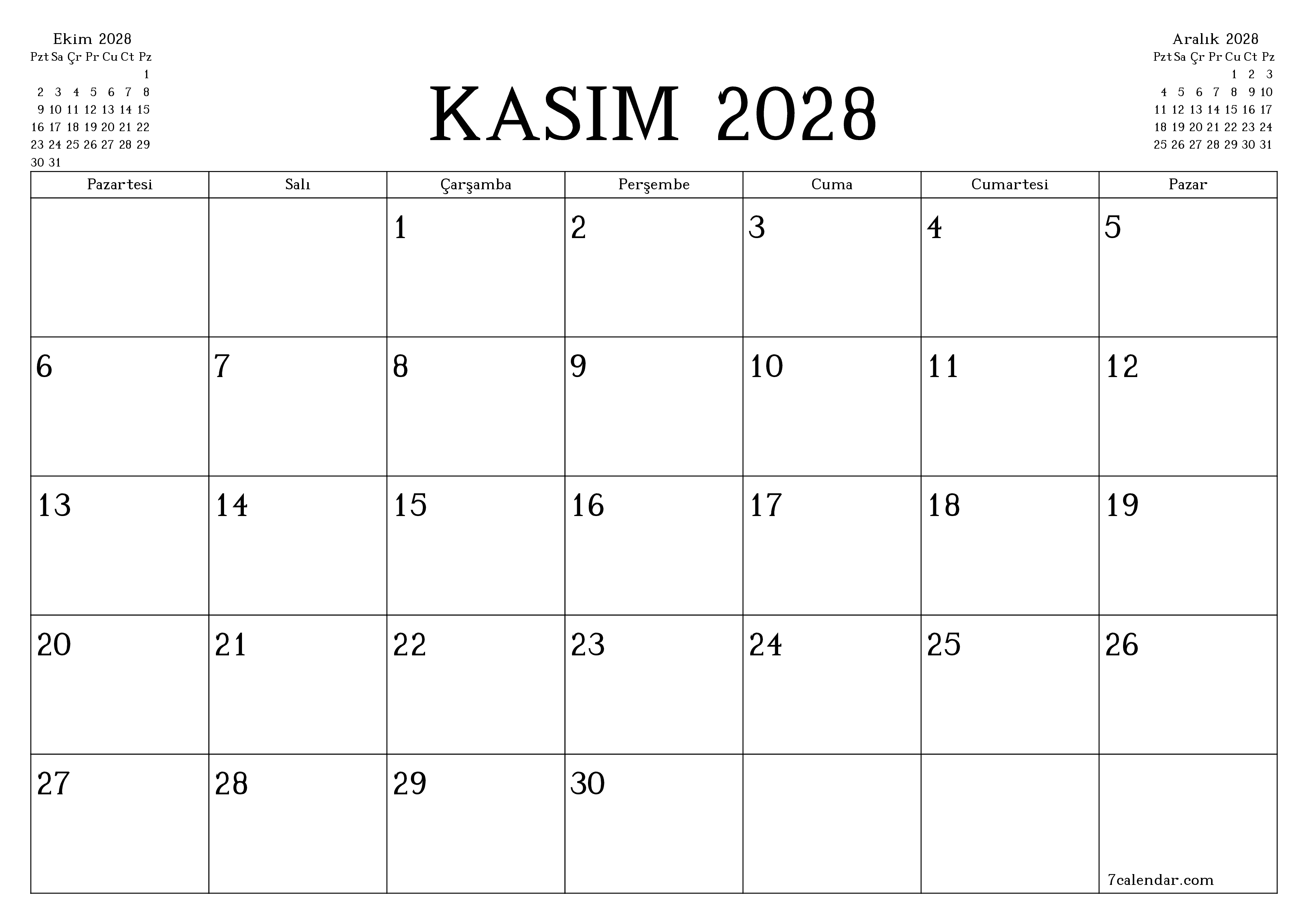 Kasım 2028 ayı için notlarla birlikte boş aylık planlayıcı, kaydedin ve PDF'ye yazdırın PNG Turkish