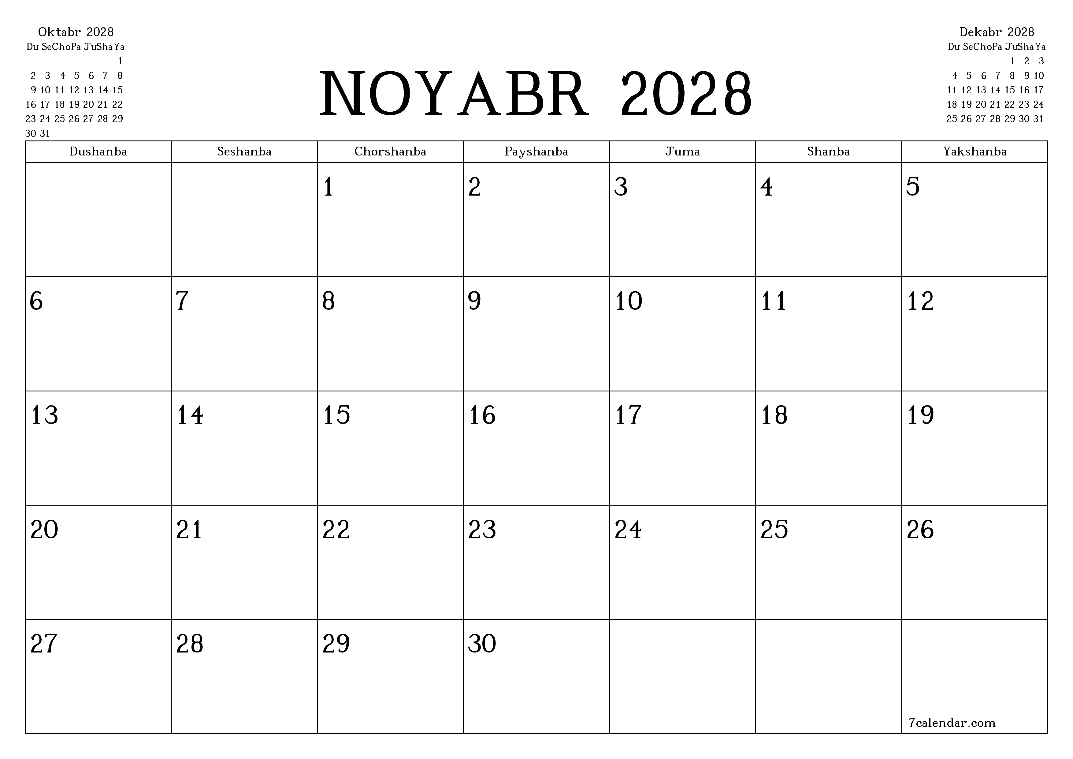 Noyabr 2028 oylik oylik rejalashtiruvchini yozuvlar bilan bo'shatish, saqlash va PDF-ga chop etish PNG Uzbek