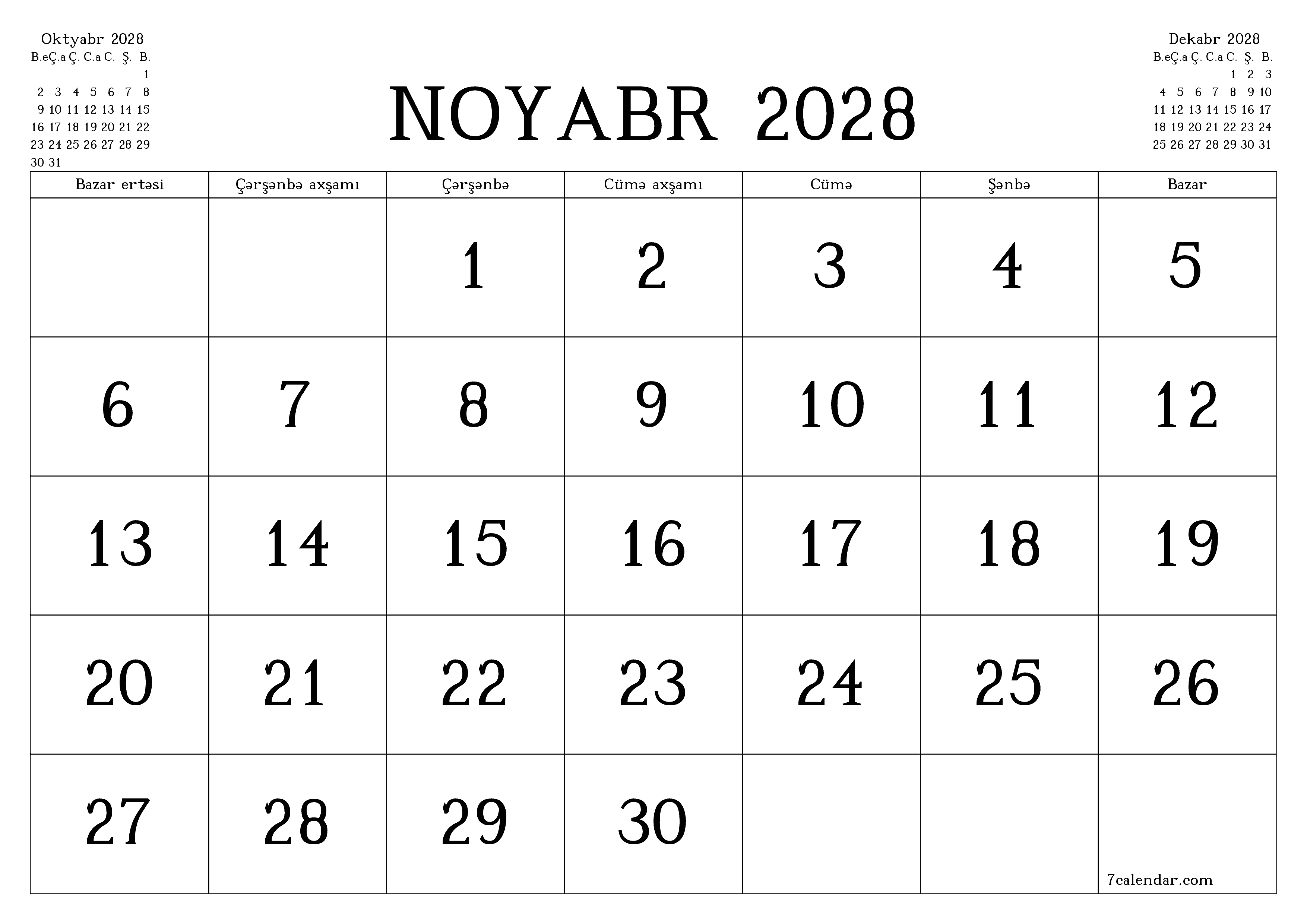 Noyabr 2028 ayı üçün qeydlər ilə boş aylıq planlayıcı, qeyd edin və PDF-ə yazdırın PNG Azerbaijani