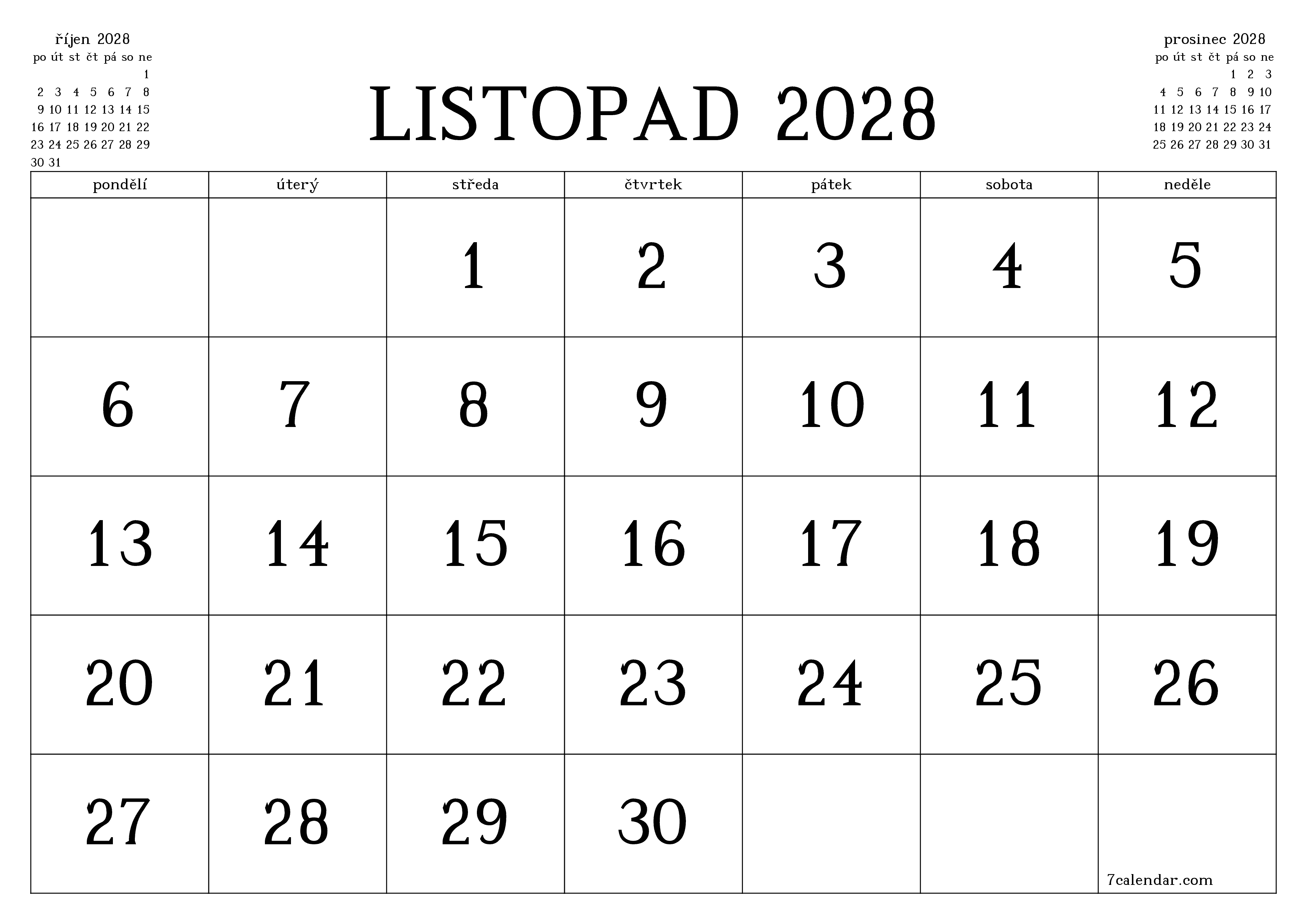 Vyprázdnit měsíční plánovač na měsíc listopad 2028 s poznámkami, uložit a vytisknout do PDF PNG Czech