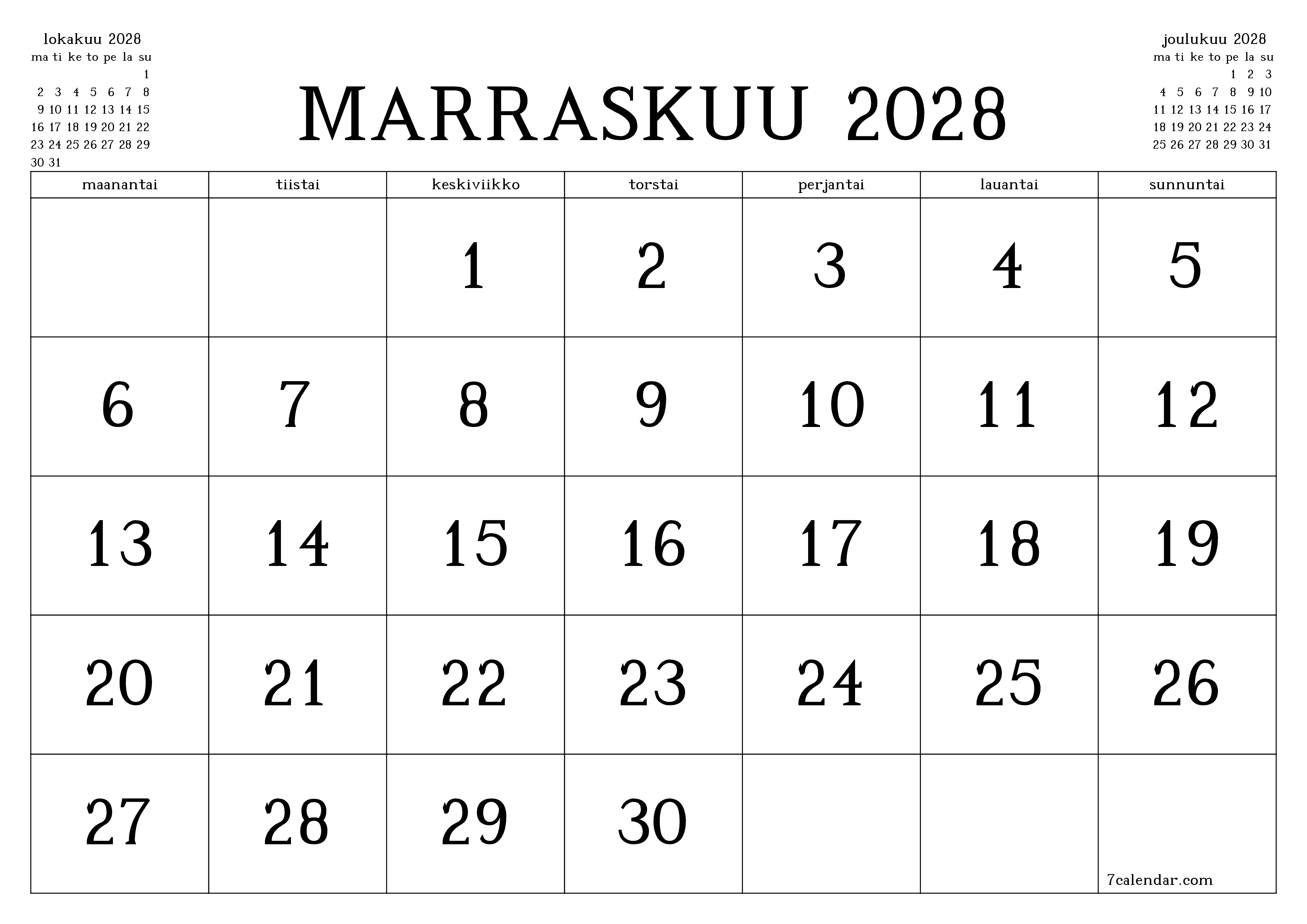 Tyhjennä kuukausittainen suunnittelija kuukaudelle Marraskuu 2028 muistiinpanoilla, tallenna ja tulosta PDF-muotoon PNG Finnish