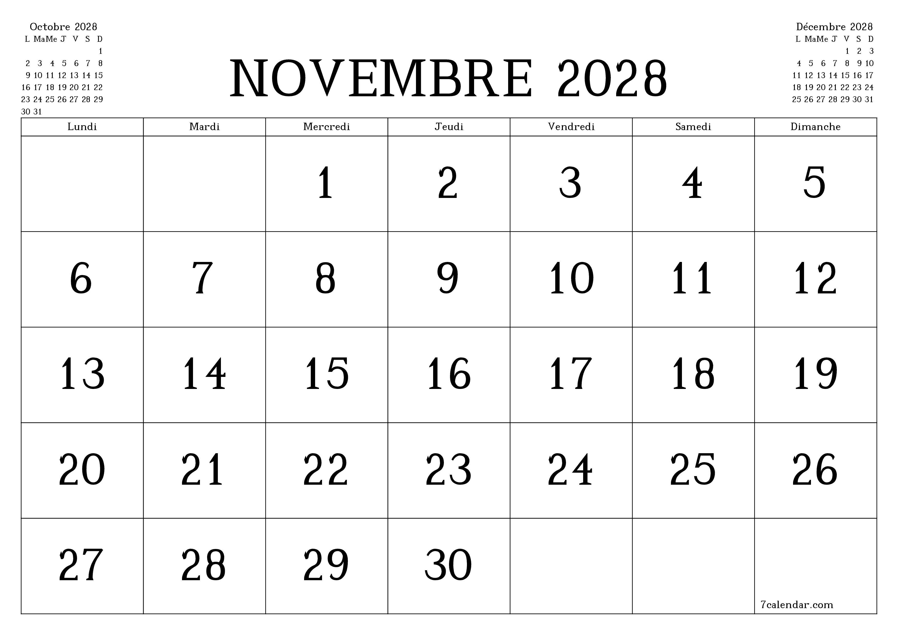 Agenda mensuel vide pour le mois Novembre 2028 avec notes, enregistrez et imprimez au format PDF PNG French