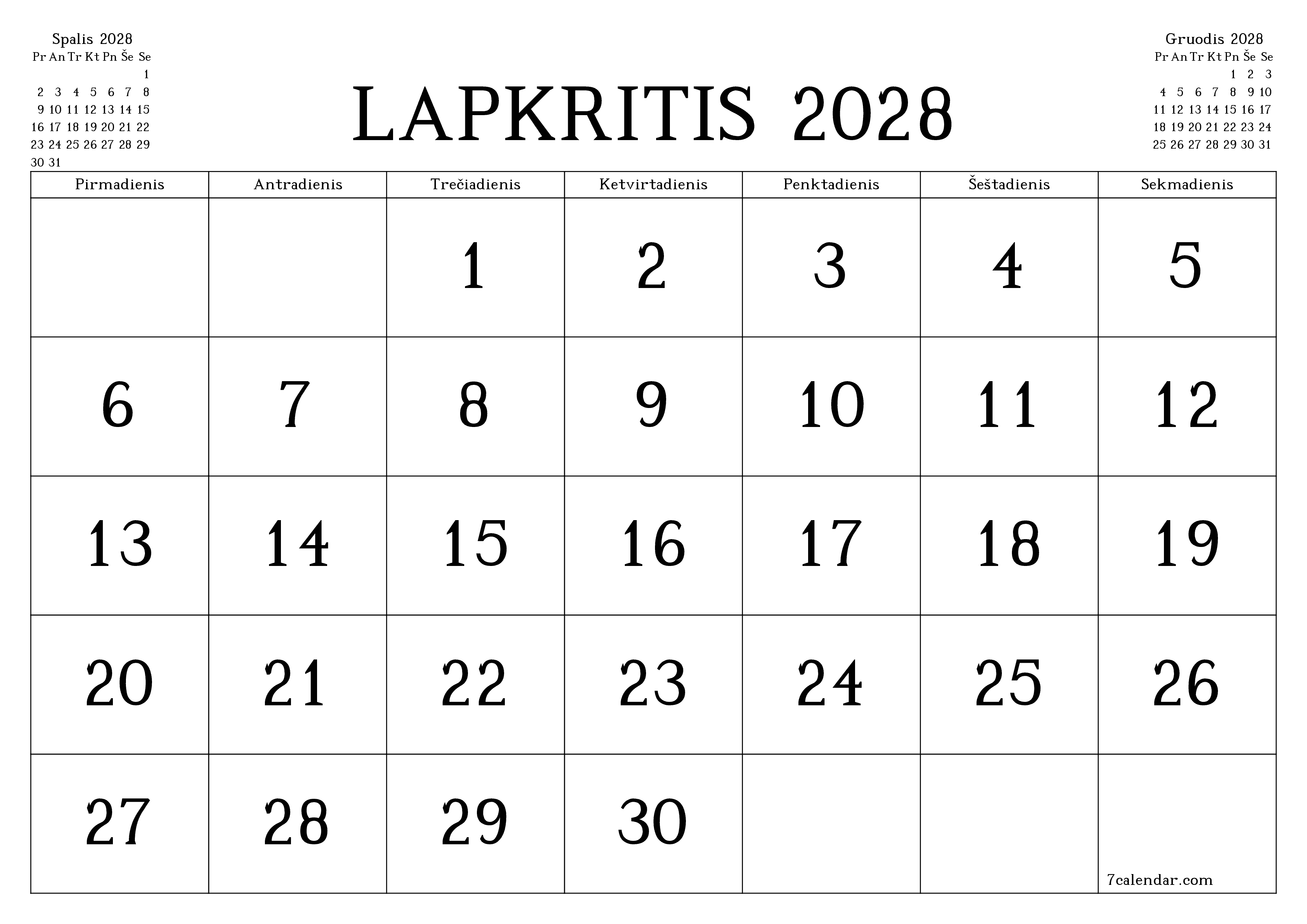Ištuštinti mėnesio Lapkritis 2028 mėnesio planavimo priemonę su užrašais, išsaugoti ir atsispausdinti PDF formate PNG Lithuanian