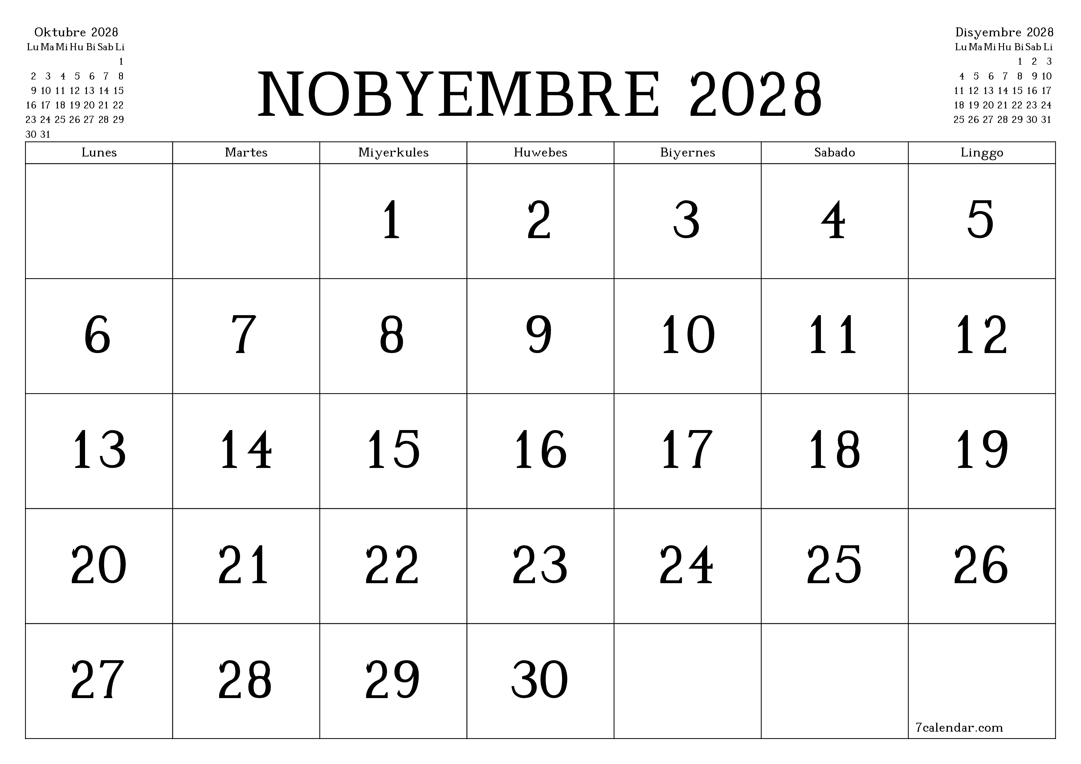 Walang laman na buwanang tagaplano para sa buwan na Nobyembre 2028 na may mga tala, i-save at i-print sa PDF PNG Filipino