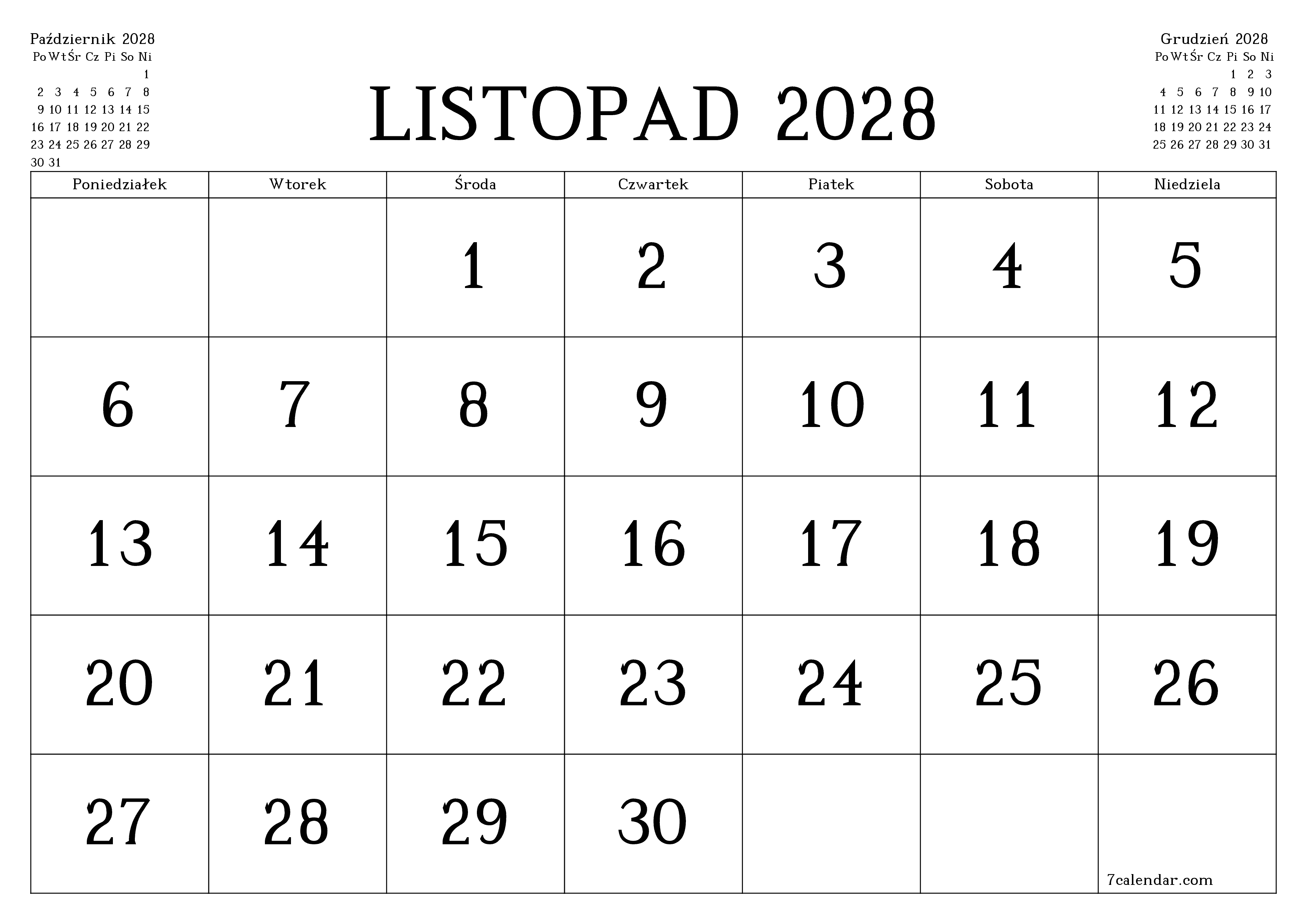 Opróżnij miesięczny planer na miesiąc Listopad 2028 z notatkami, zapisz i wydrukuj w formacie PDF PNG Polish