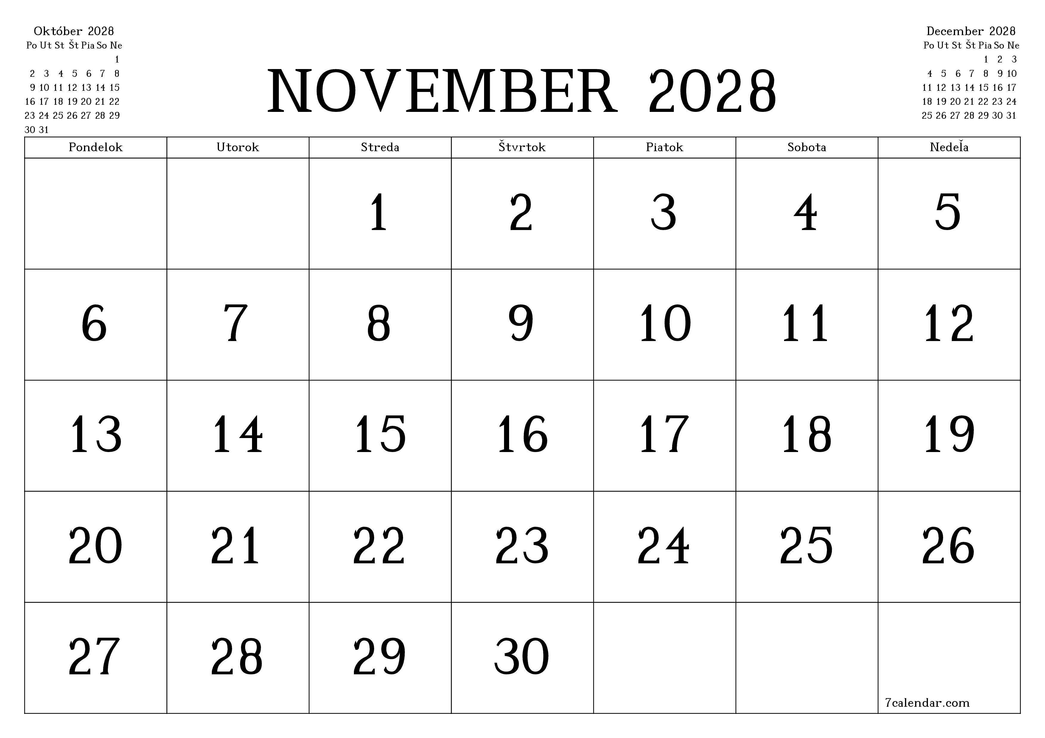 Prázdny mesačný plánovač na mesiac November 2028 s poznámkami, uloženie a tlač do PDF PNG Slovak