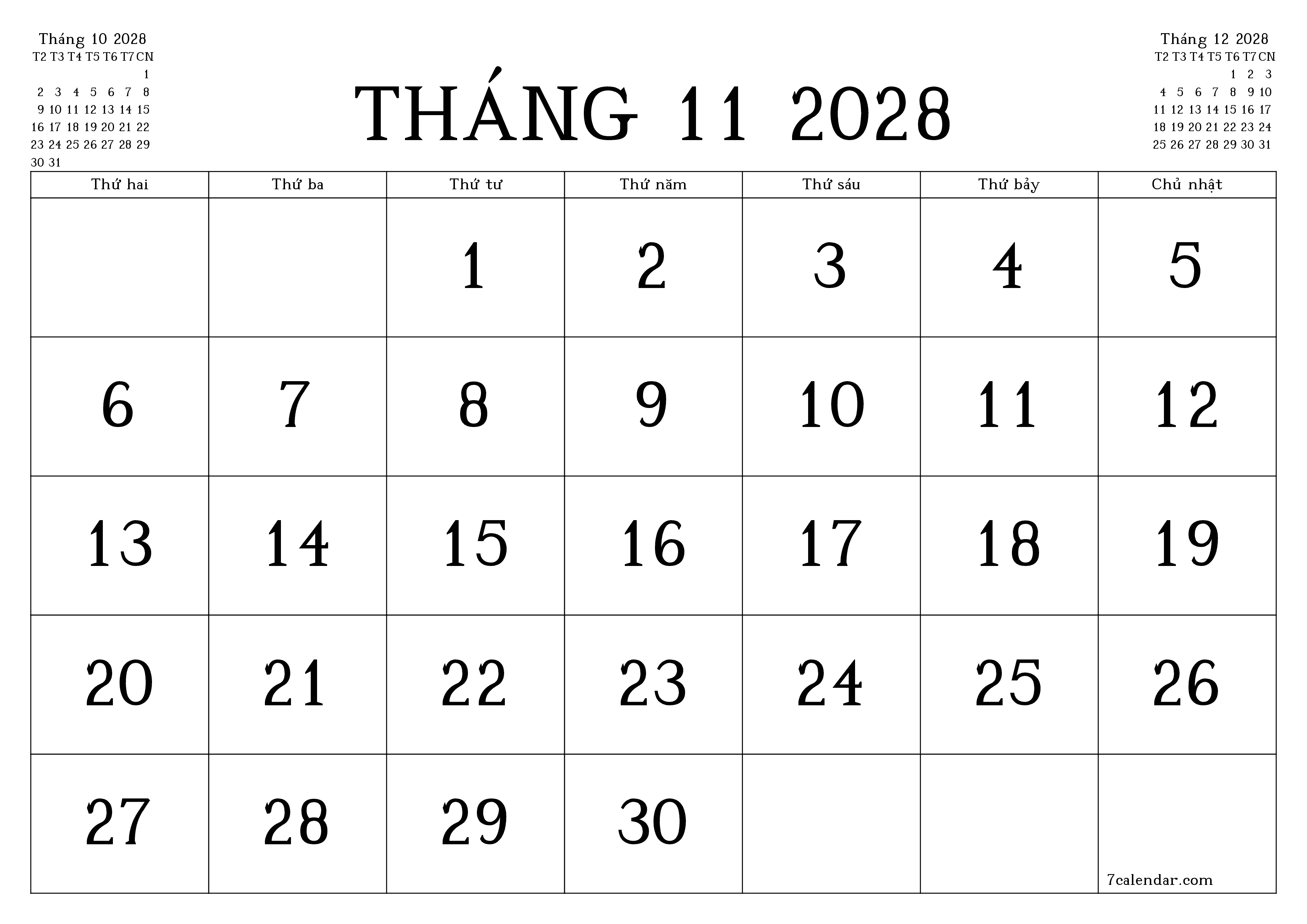 Công cụ lập kế hoạch hàng tháng trống cho tháng Tháng 11 2028 có ghi chú, lưu và in sang PDF PNG Vietnamese