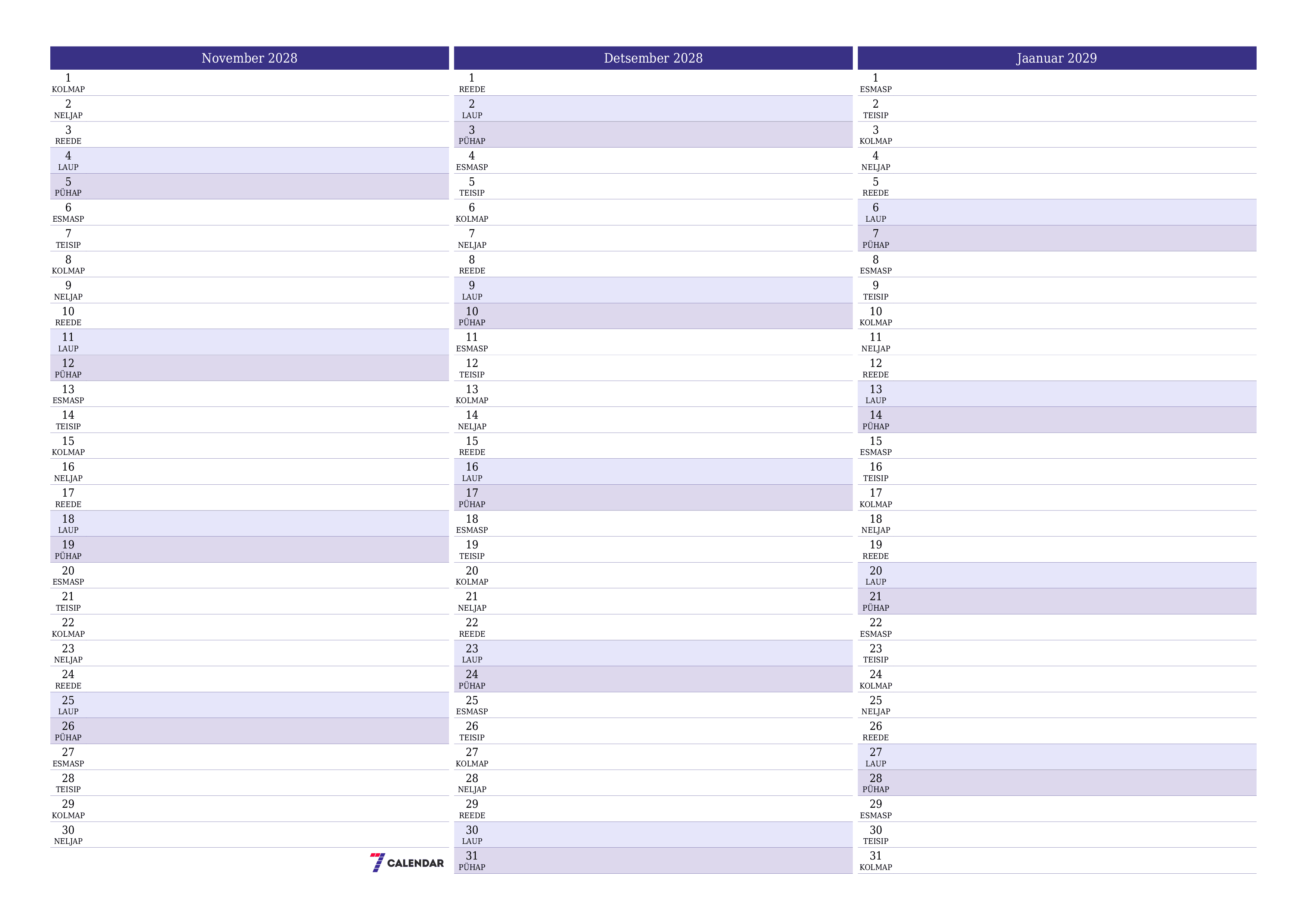 prinditav seina kalendri mall tasuta horisontaalne Igakuine planeerija kalender November (Nov) 2028