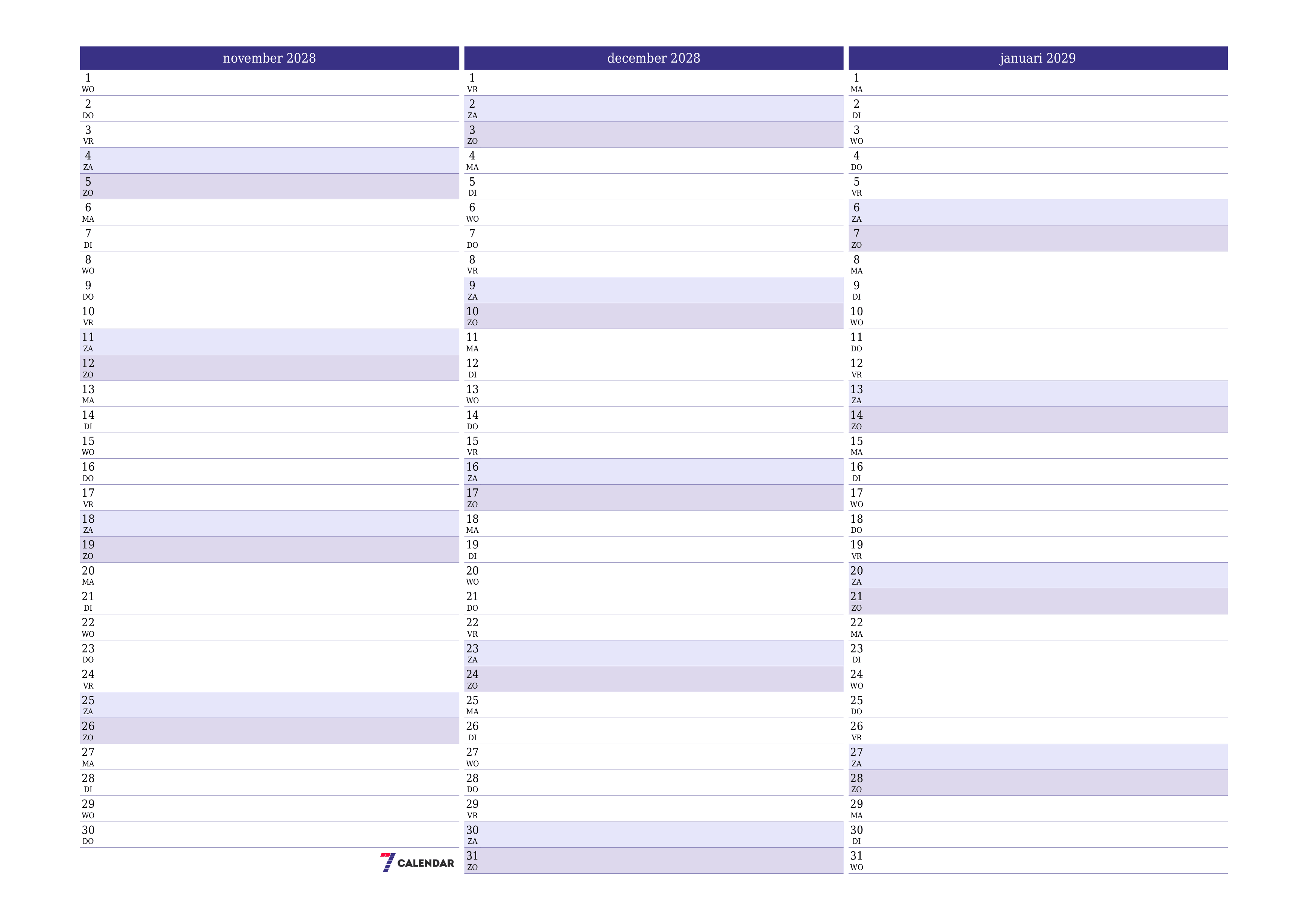 Lege maandplanner voor maand november 2028 met notities, opslaan en afdrukken naar pdf PNG Dutch