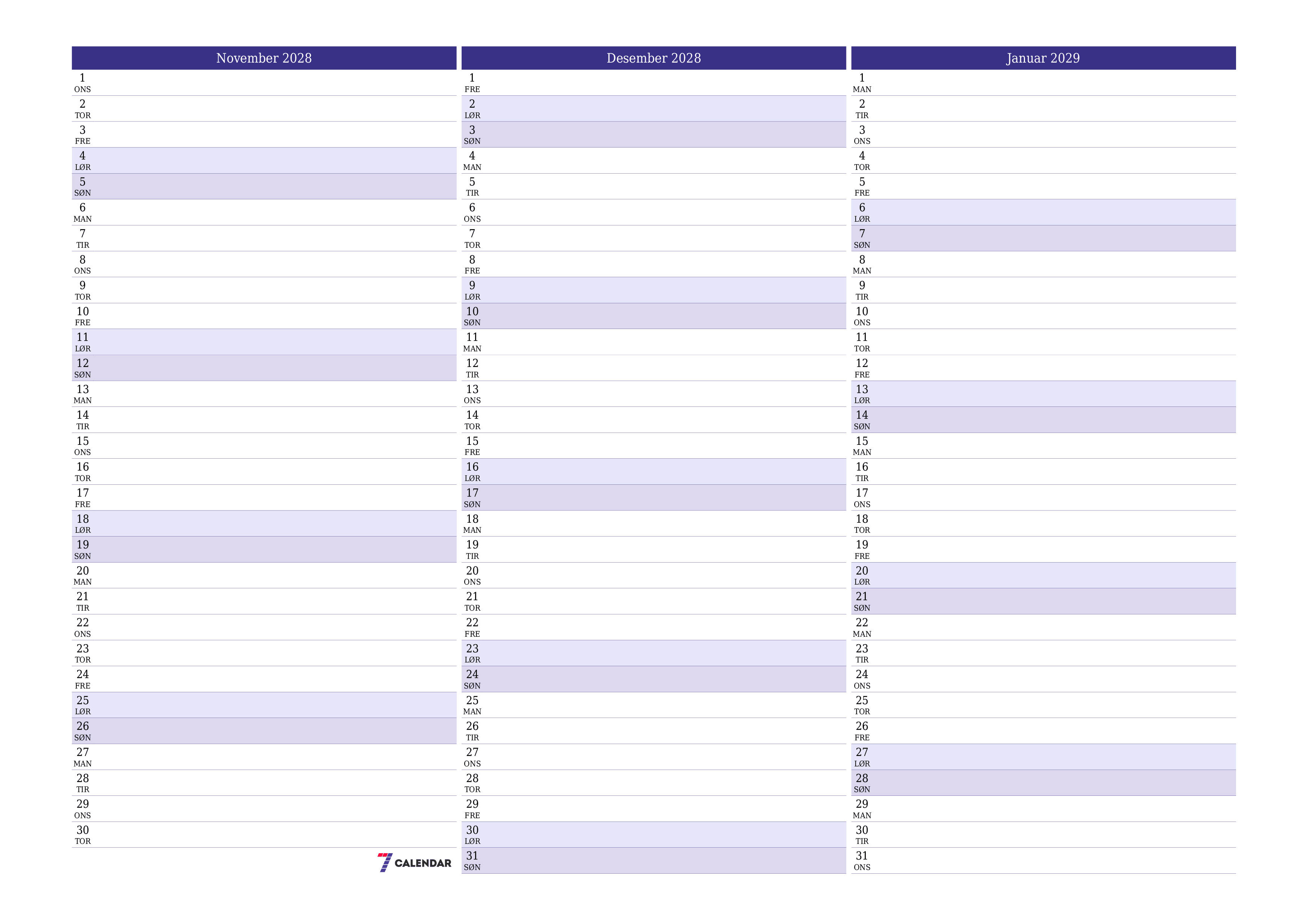 Tom månedlig planlegger for måned November 2028 med notater, lagre og skriv ut til PDF PNG Norwegian
