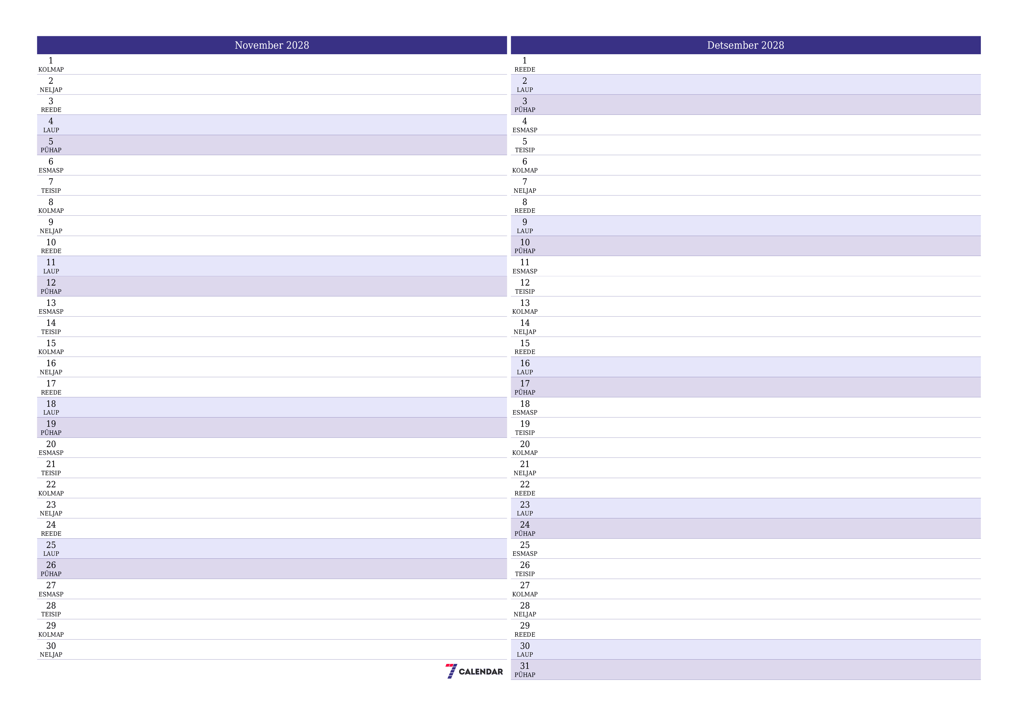 Tühjendage kuu November 2028 kuuplaneerija märkmetega, salvestage ja printige PDF-i PNG Estonian