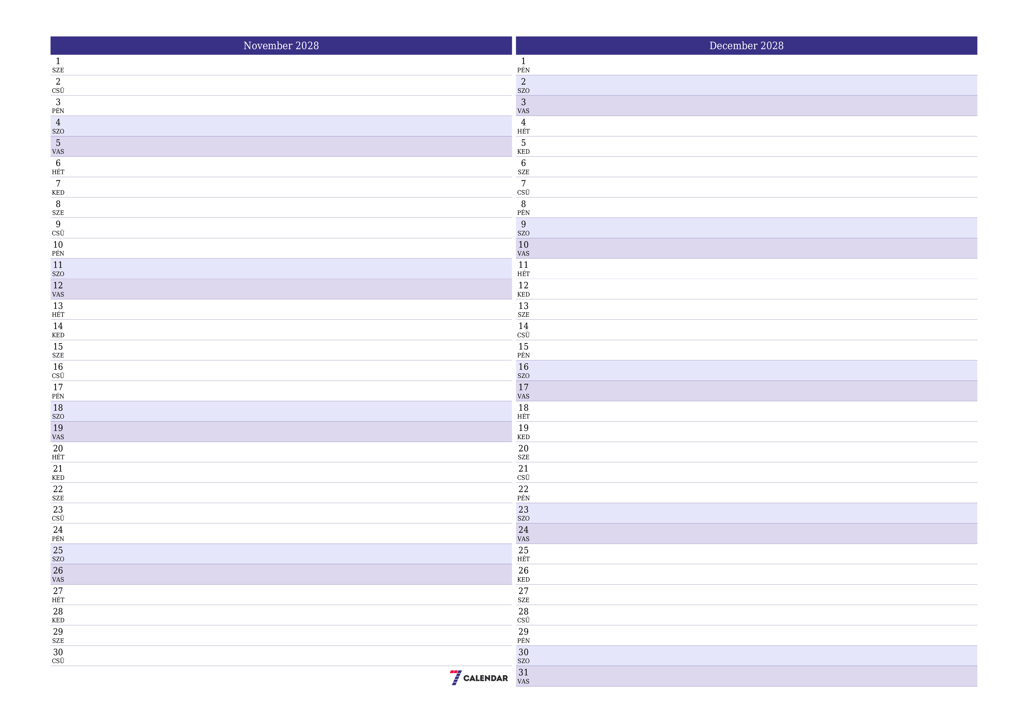 Üres havi tervező a November 2028 hónapra jegyzetekkel, mentés és nyomtatás PDF-be PNG Hungarian