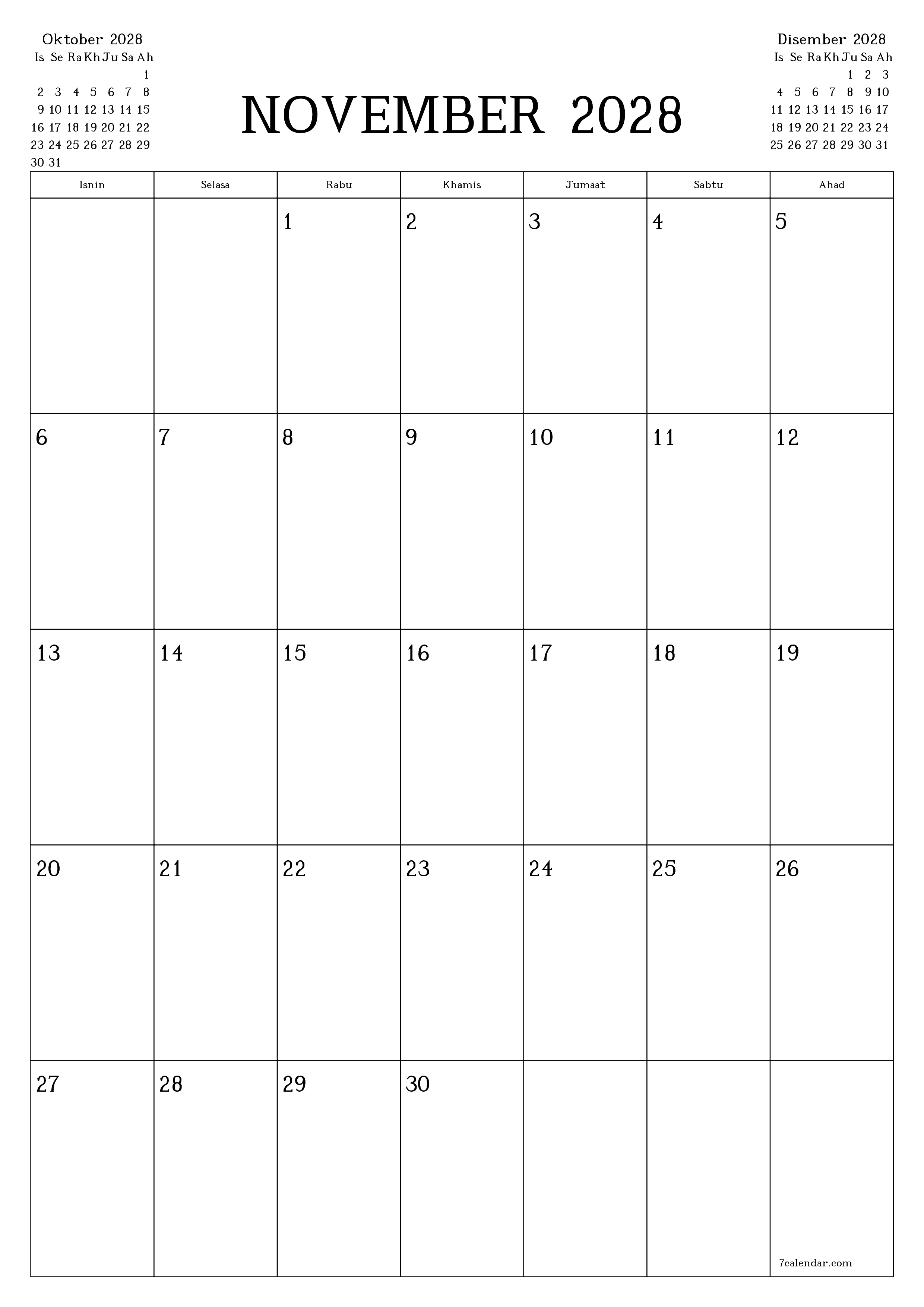 Perancang bulanan kosong untuk bulan November 2028 dengan nota, simpan dan cetak ke PDF PNG Malay