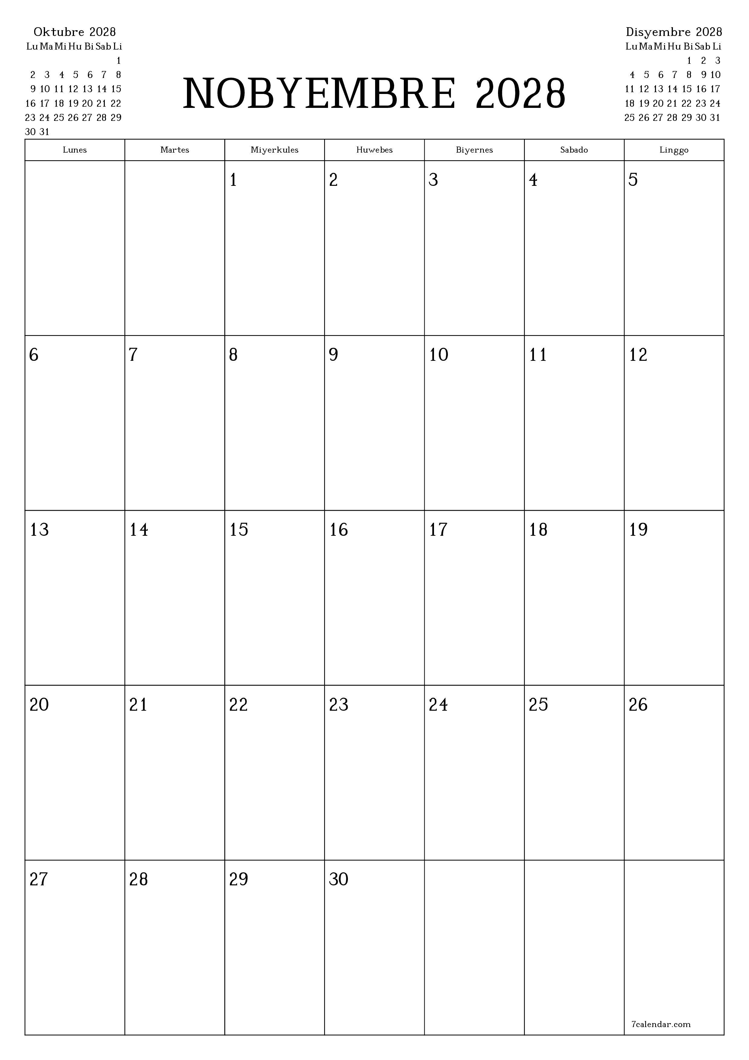 Walang laman na buwanang tagaplano para sa buwan na Nobyembre 2028 na may mga tala, i-save at i-print sa PDF PNG Filipino