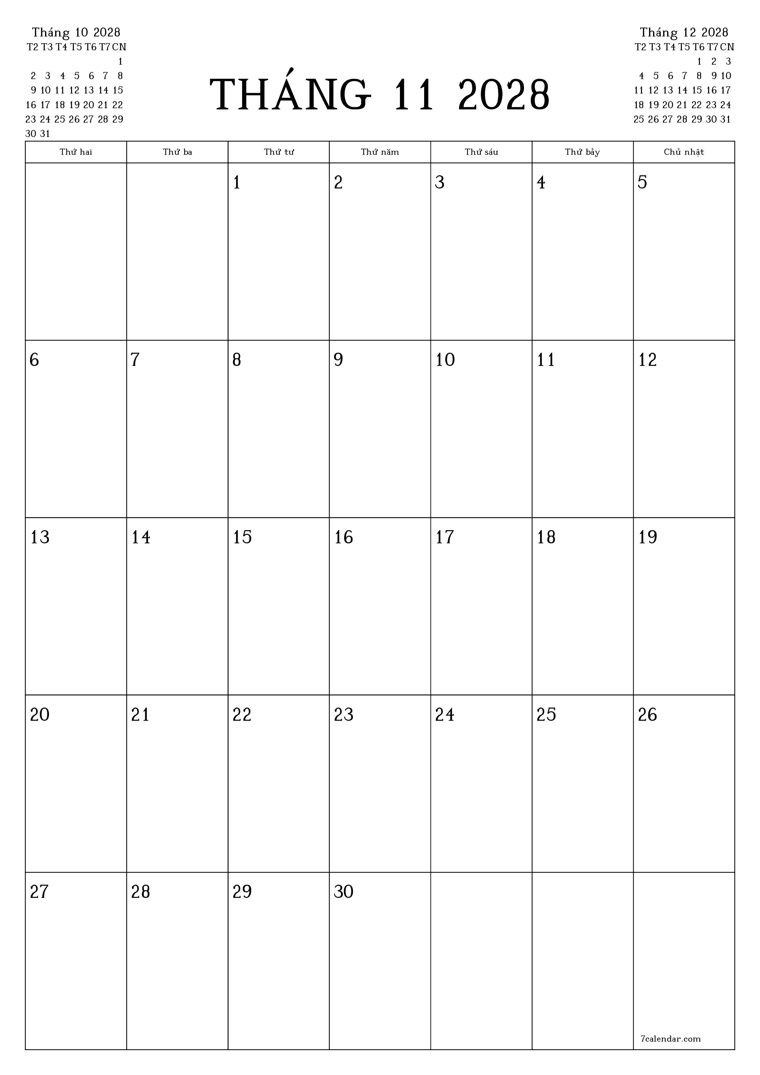 Công cụ lập kế hoạch hàng tháng trống cho tháng Tháng 11 2028 có ghi chú, lưu và in sang PDF PNG Vietnamese