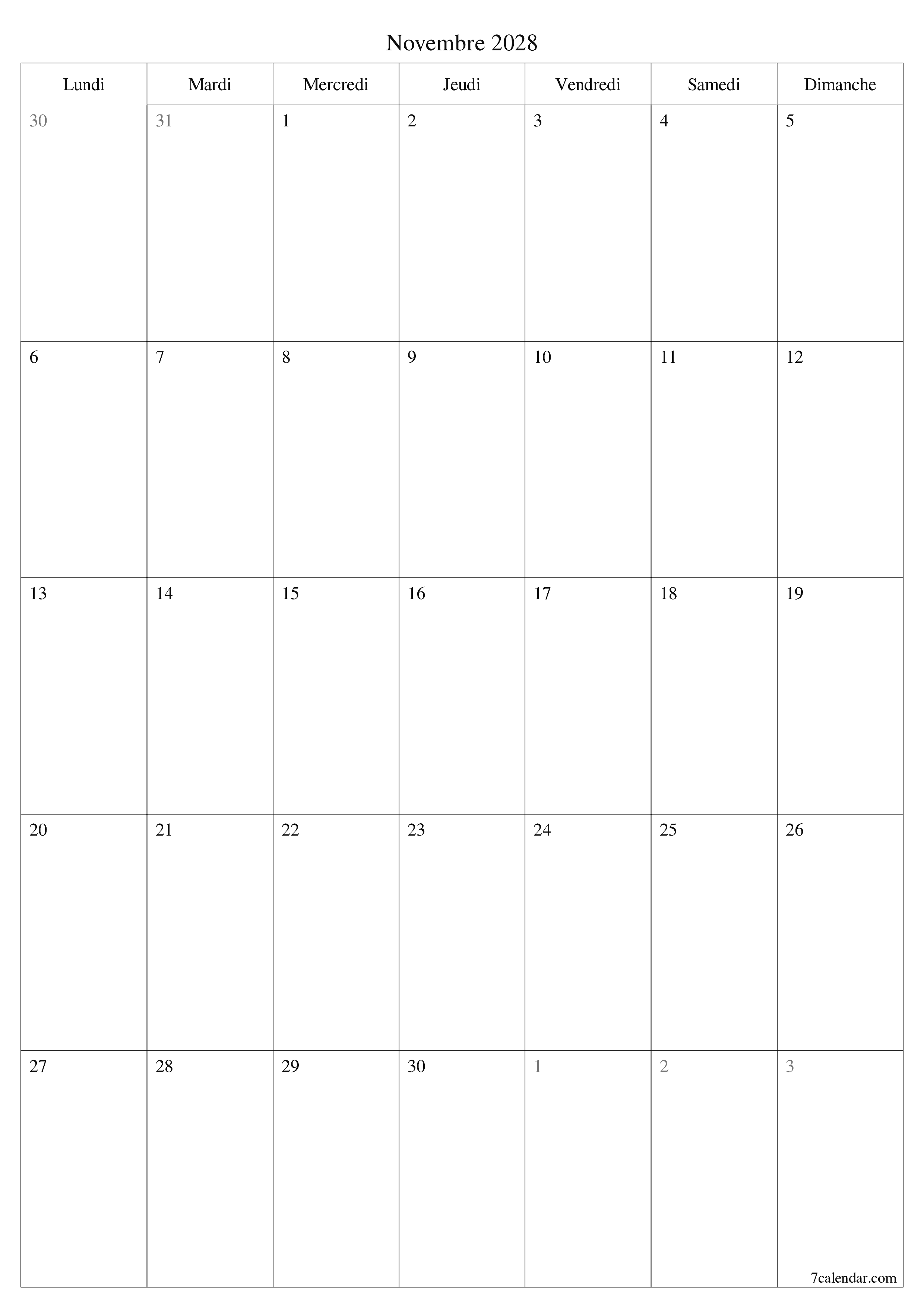 Agenda mensuel vide pour le mois Novembre 2028 avec notes, enregistrez et imprimez au format PDF PNG French