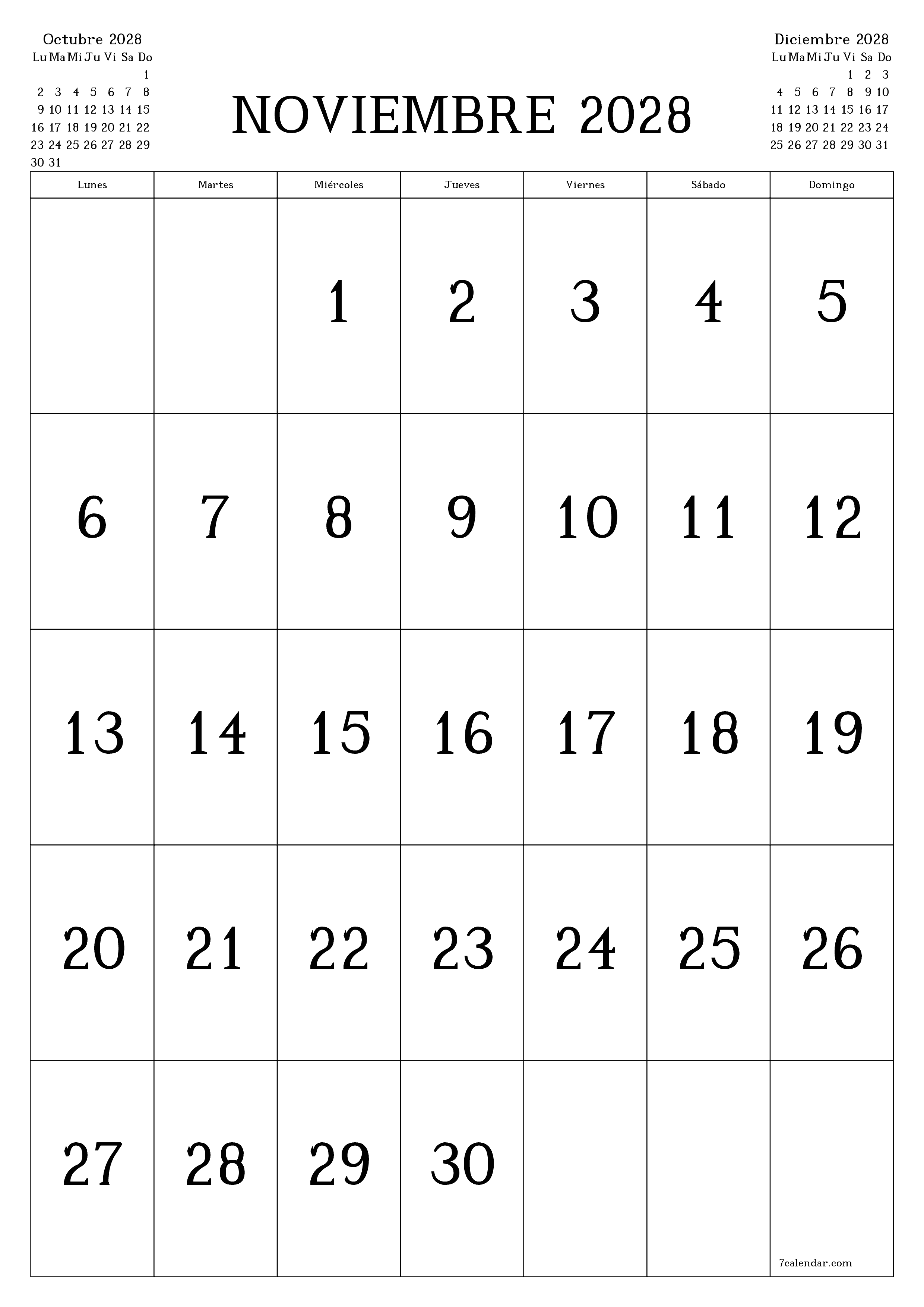 Planificador mensual vacío para el mes Noviembre 2028 con notas, guardar e imprimir en PDF PNG Spanish
