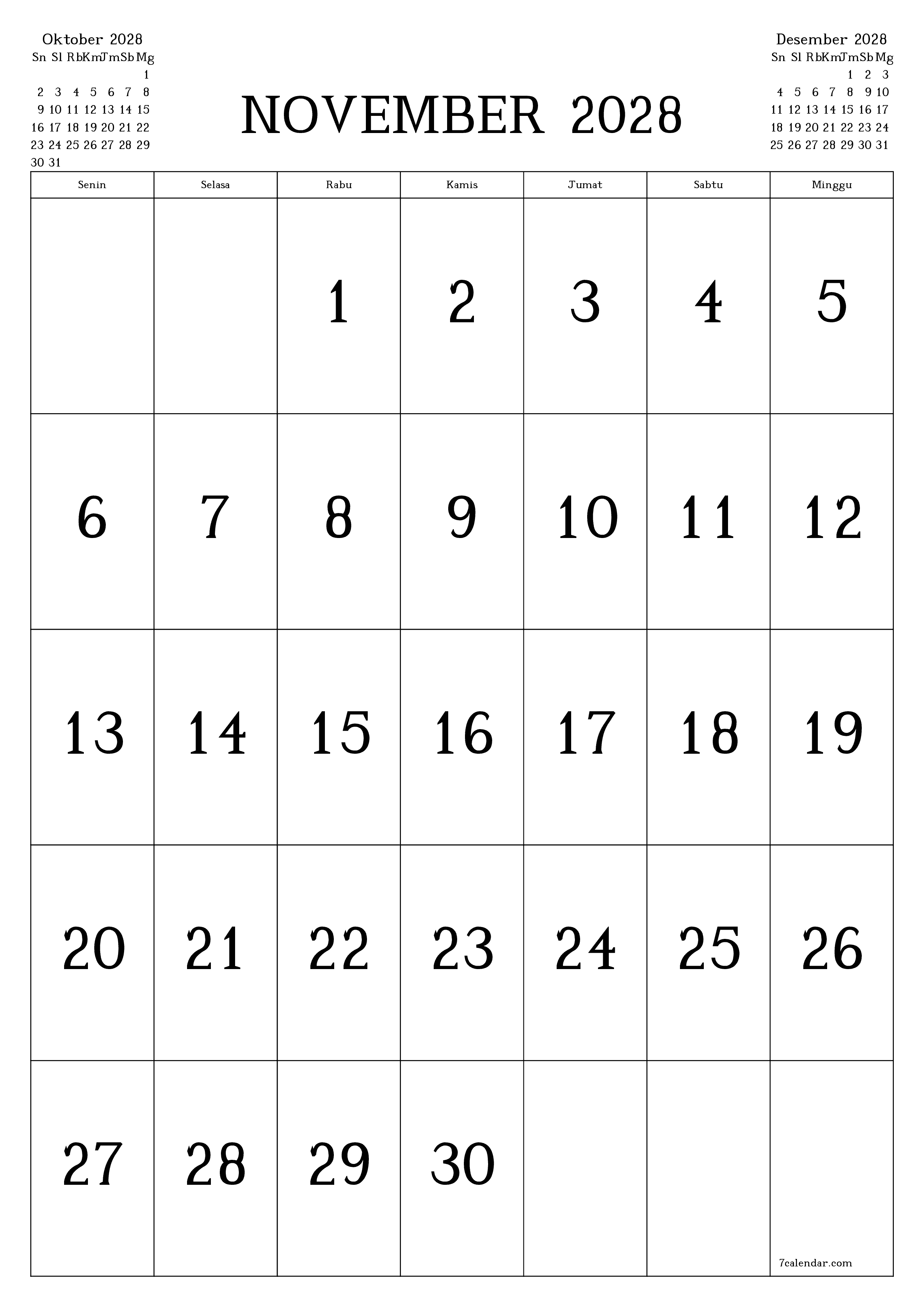 Kosongkan agenda bulanan untuk bulan November 2028 dengan catatan, simpan dan cetak ke PDF PNG Indonesian