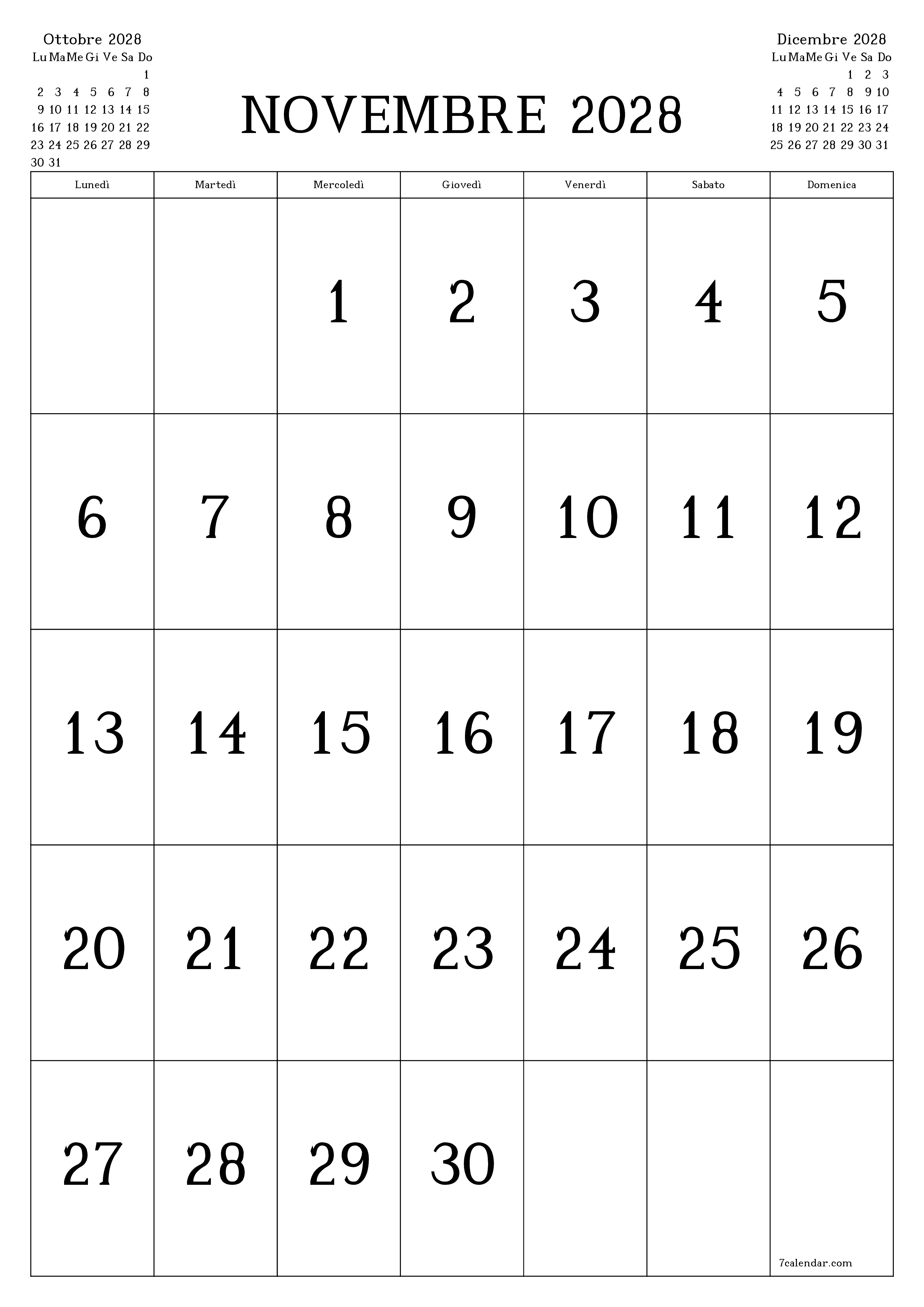 Pianificatore mensile vuoto per il mese Novembre 2028 con note, salva e stampa in PDF PNG Italian