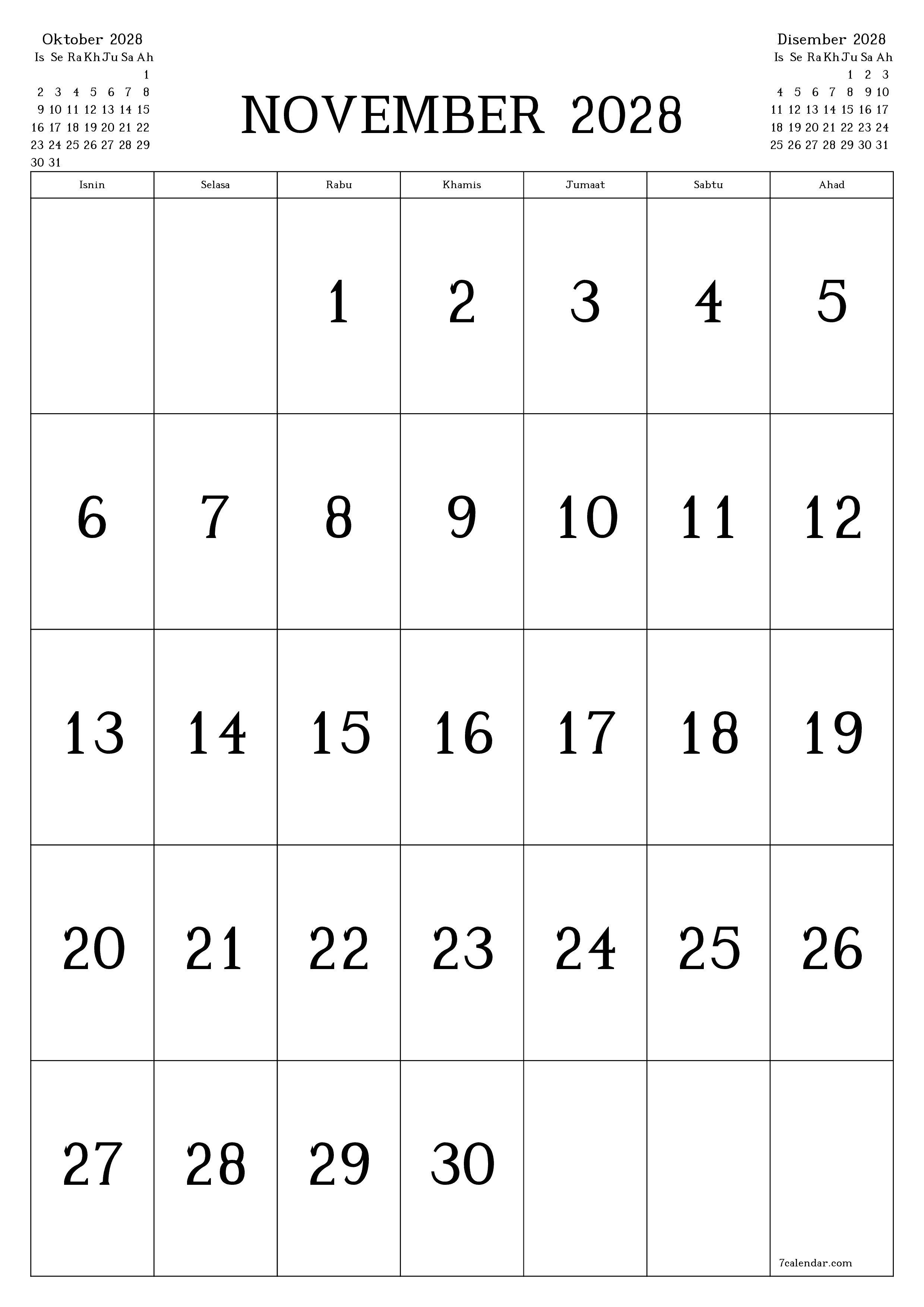 Perancang bulanan kosong untuk bulan November 2028 dengan nota, simpan dan cetak ke PDF PNG Malay