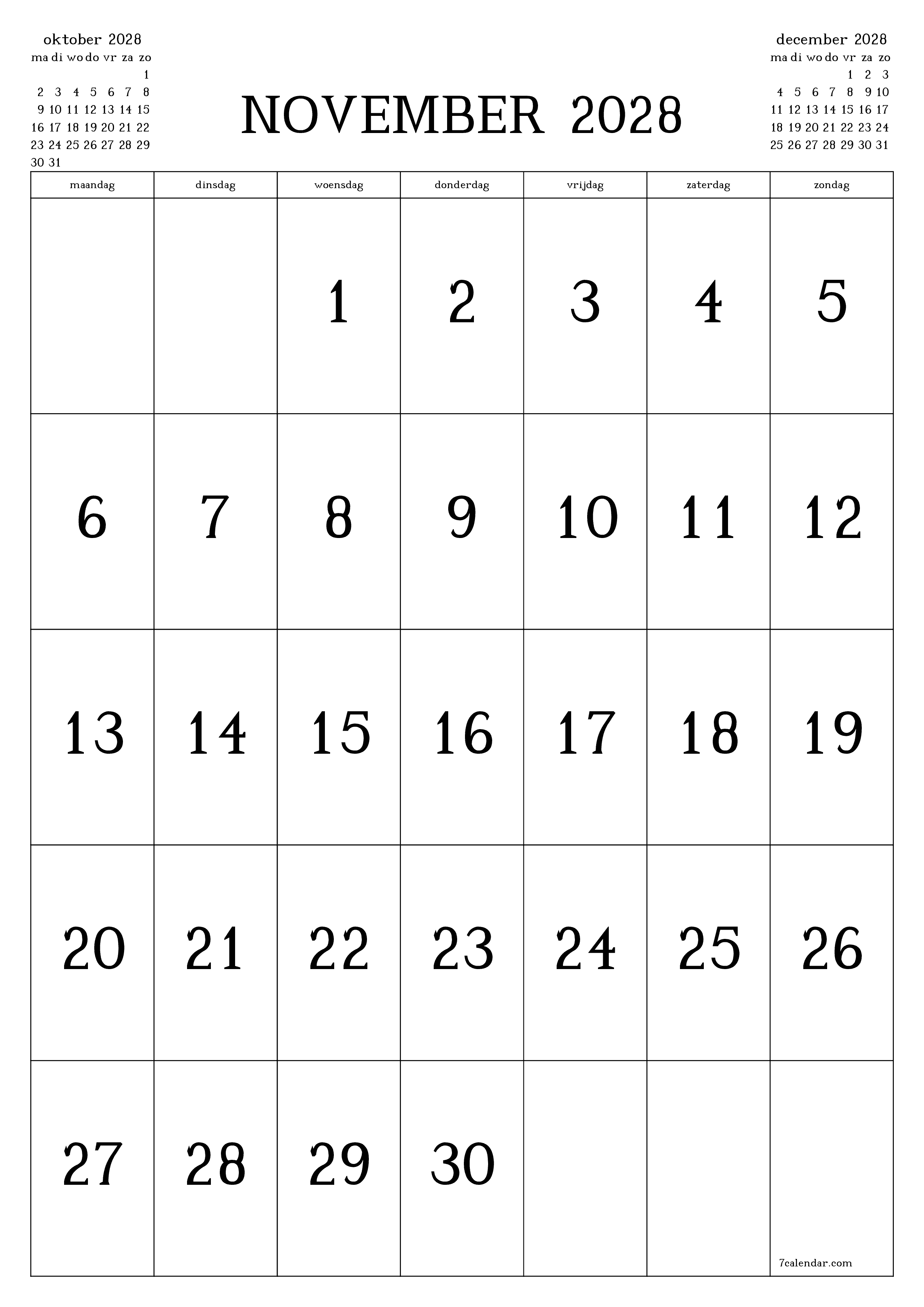 Lege maandplanner voor maand november 2028 met notities, opslaan en afdrukken naar pdf PNG Dutch