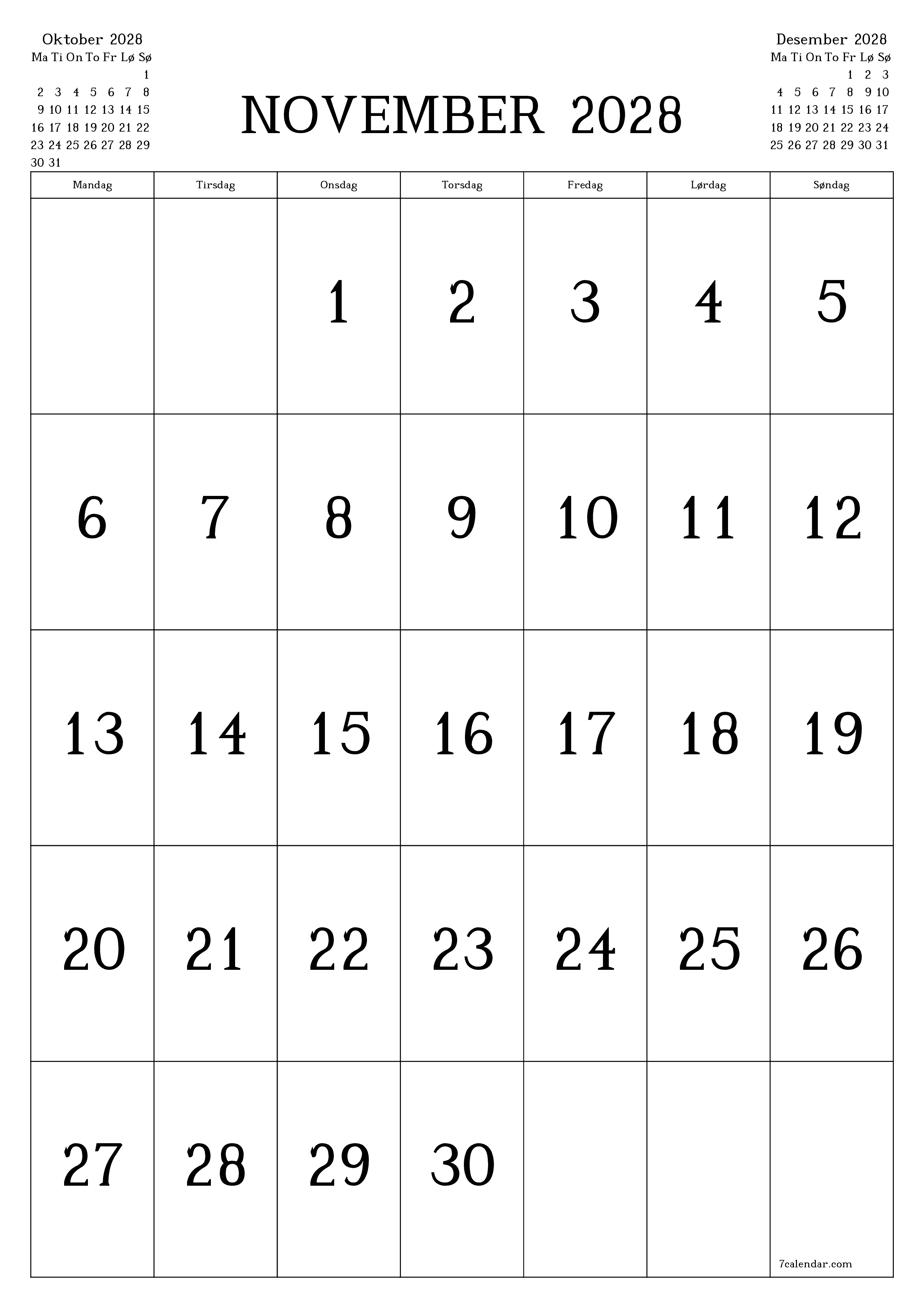 Tom månedlig planlegger for måned November 2028 med notater, lagre og skriv ut til PDF PNG Norwegian
