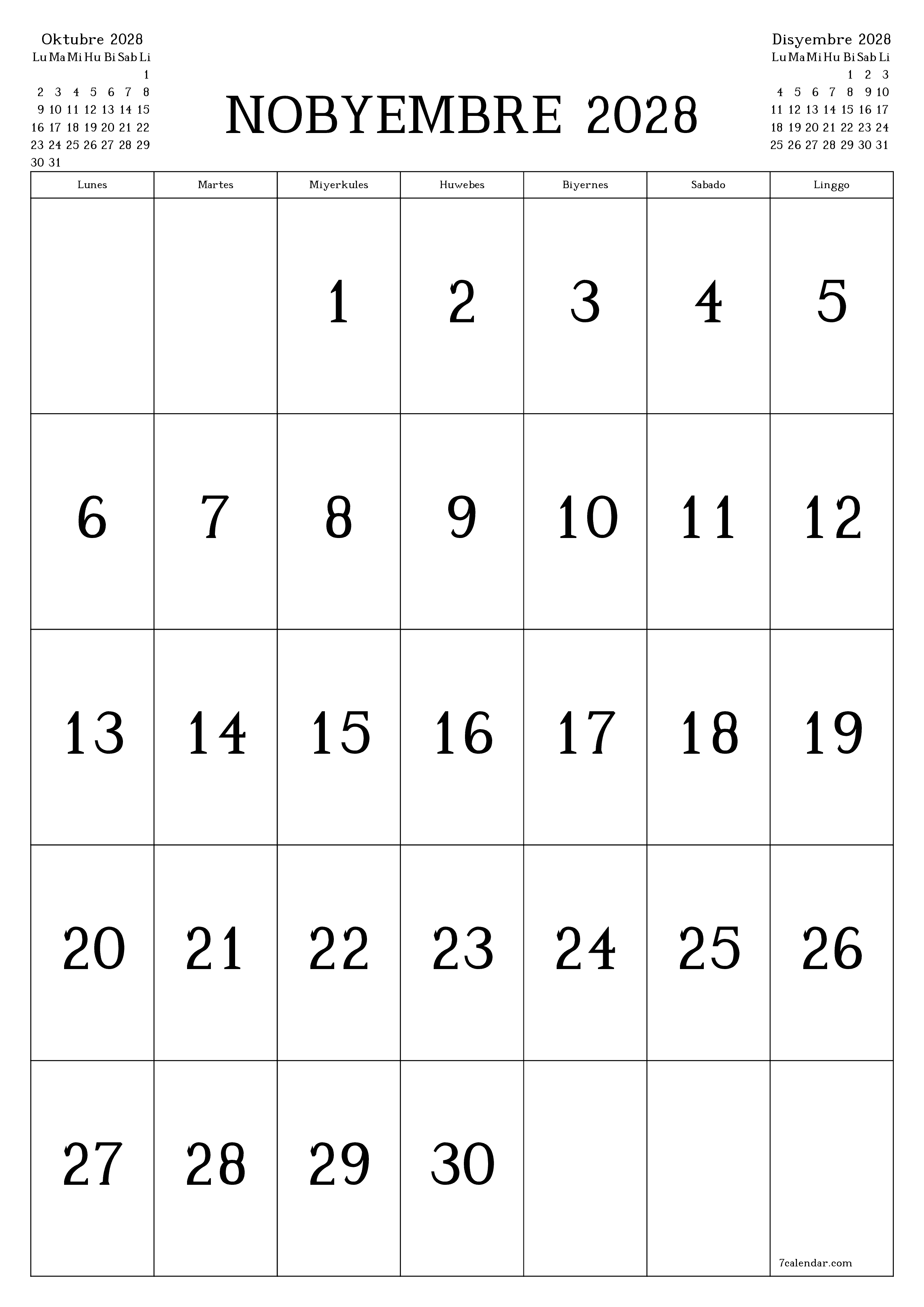 Walang laman na buwanang tagaplano para sa buwan na Nobyembre 2028 na may mga tala, i-save at i-print sa PDF PNG Filipino