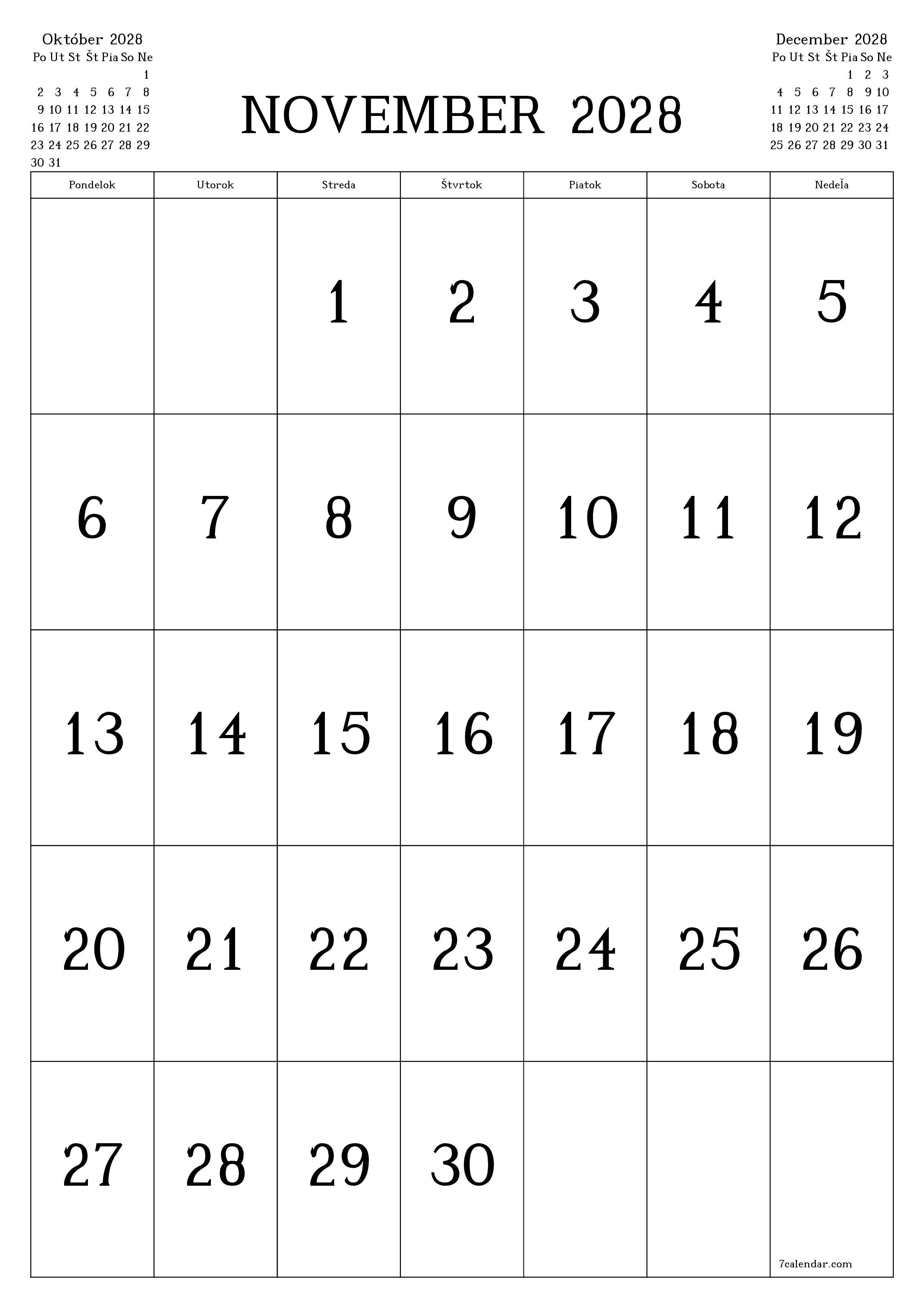 vytlačiteľný nástenný šablóna a bezplatný вертикальный Mesačne kalendár November (Nov) 2028