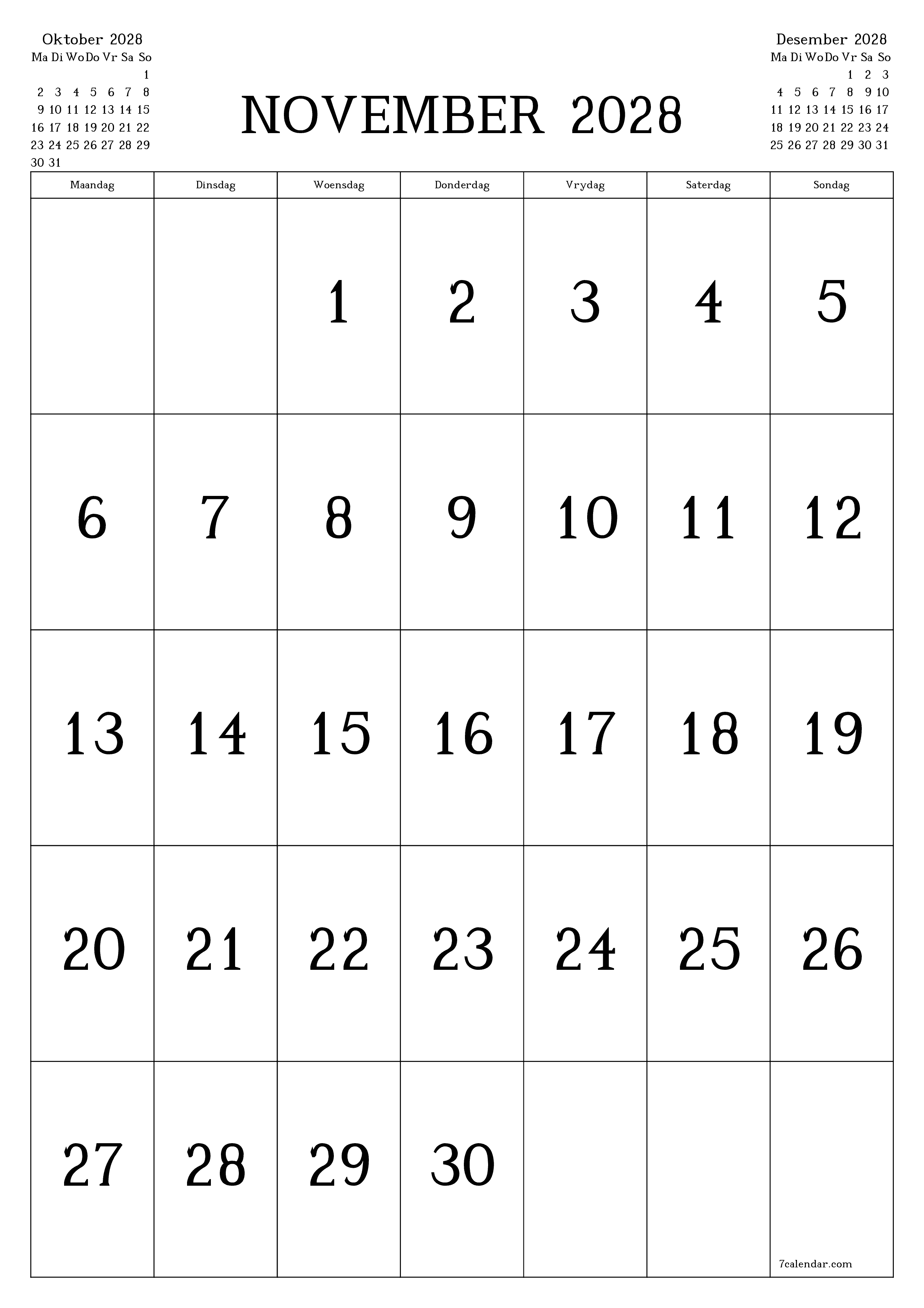 Leë maandelikse drukbare kalender en beplanner vir maand November 2028 met notas stoor en druk na PDF PNG Afrikaans