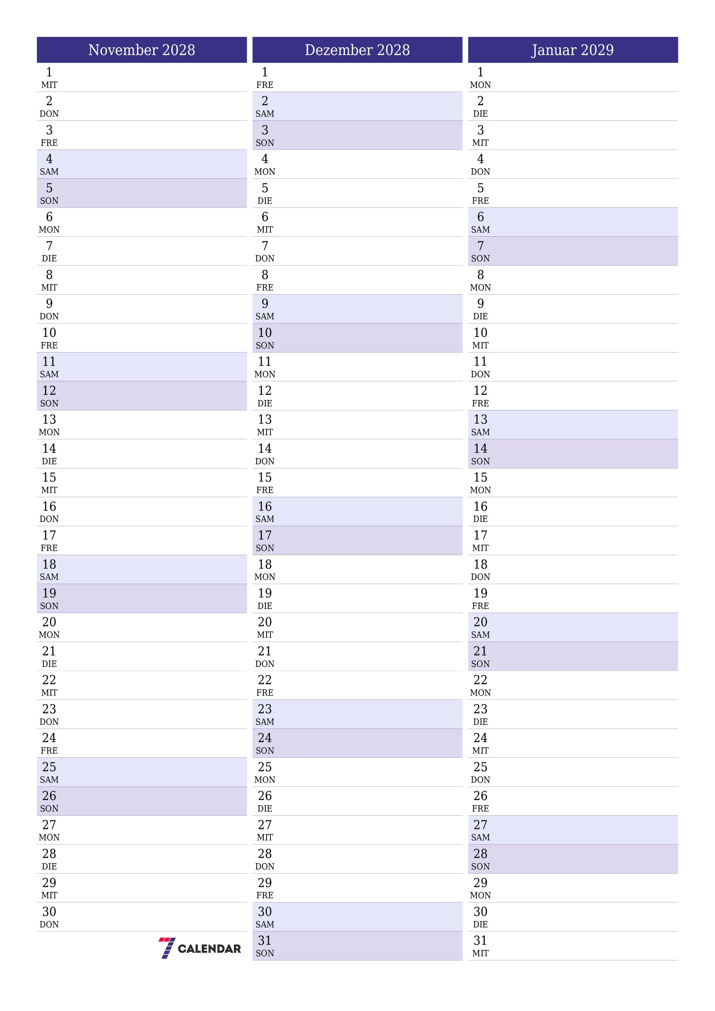 Monatsplaner für Monat November 2028 mit Notizen leeren, speichern und als PDF PNG German - 7calendar.com drucken